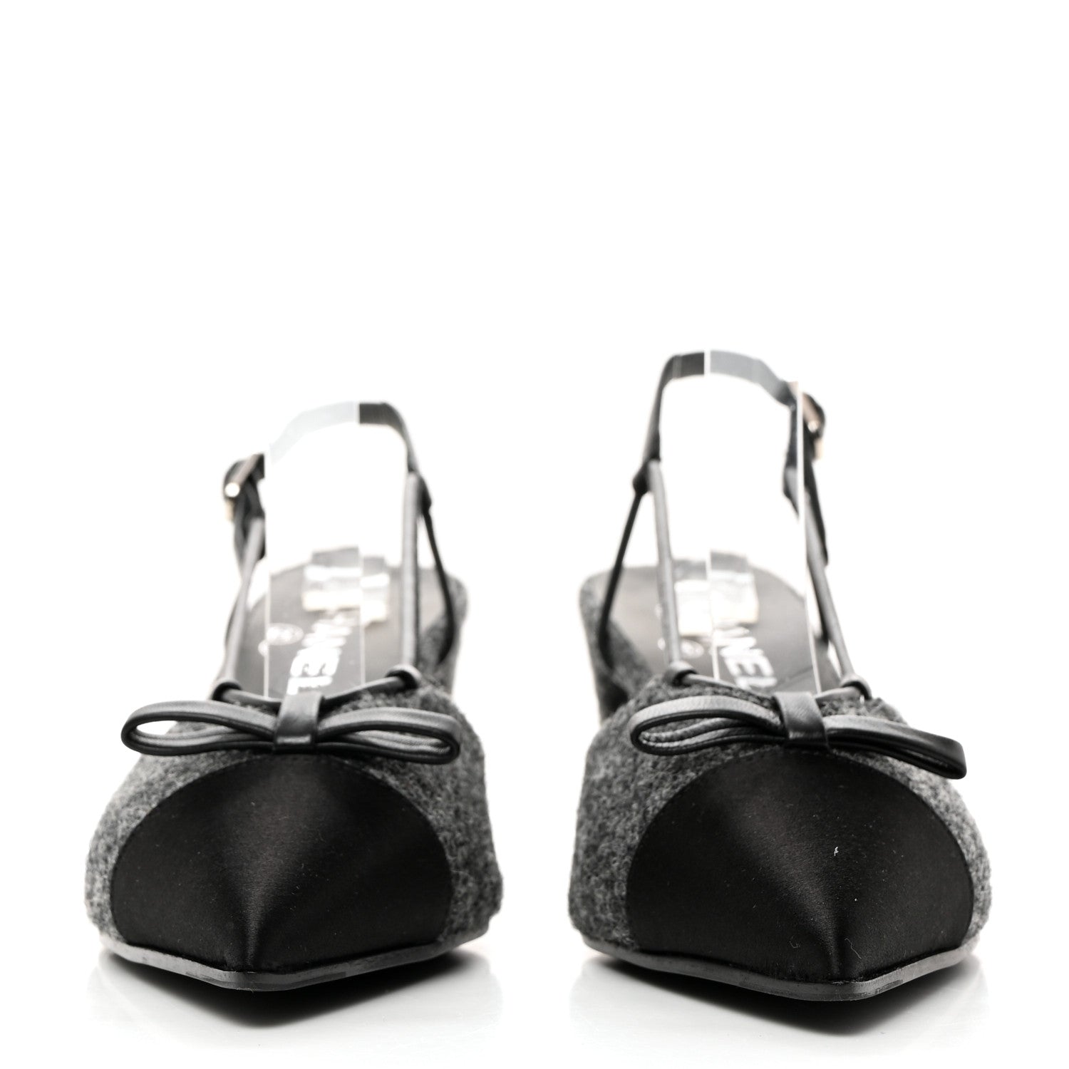 Chanel Tweed Satin Slingback Cap Toe Bow Pumps 38.5 Grey Black 2 of 10