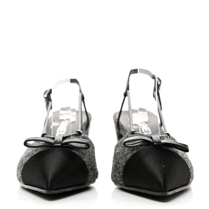 Chanel Tweed Satin Slingback Cap Toe Bow Pumps 38.5 Grey Black 2 of 10