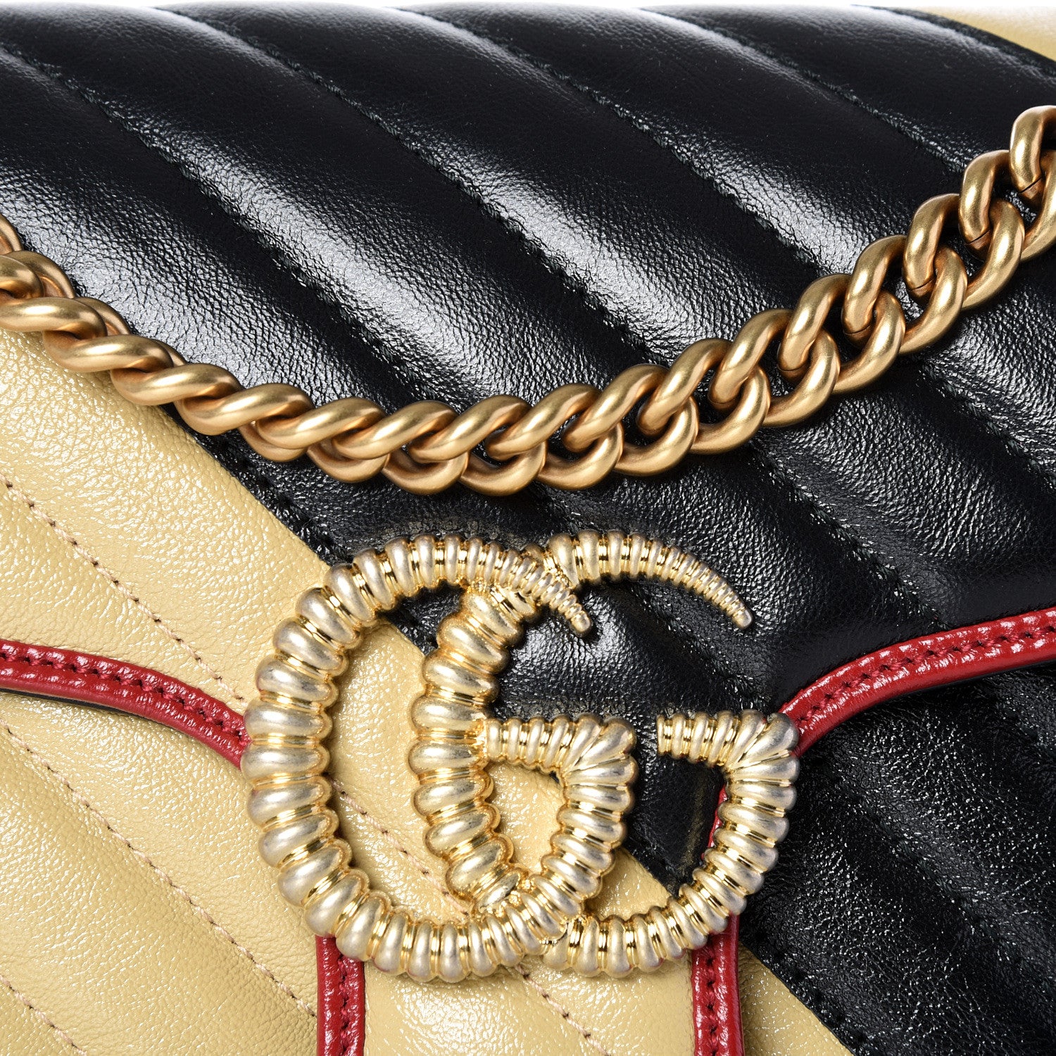 Gucci Vintage Effect Calfskin Matelasse Diagonal Striped Small Torchon GG Marmont Shoulder Bag Black Beige 10 of 10