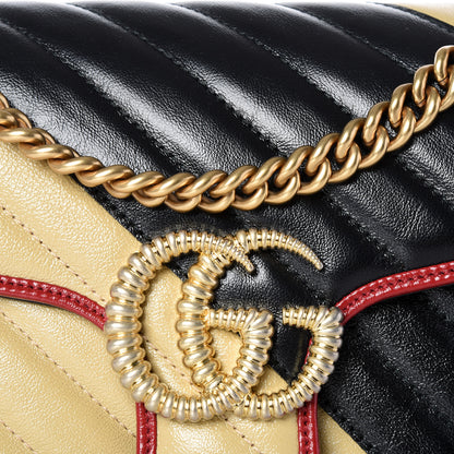 Gucci Vintage Effect Calfskin Matelasse Diagonal Striped Small Torchon GG Marmont Shoulder Bag Black Beige 10 of 10