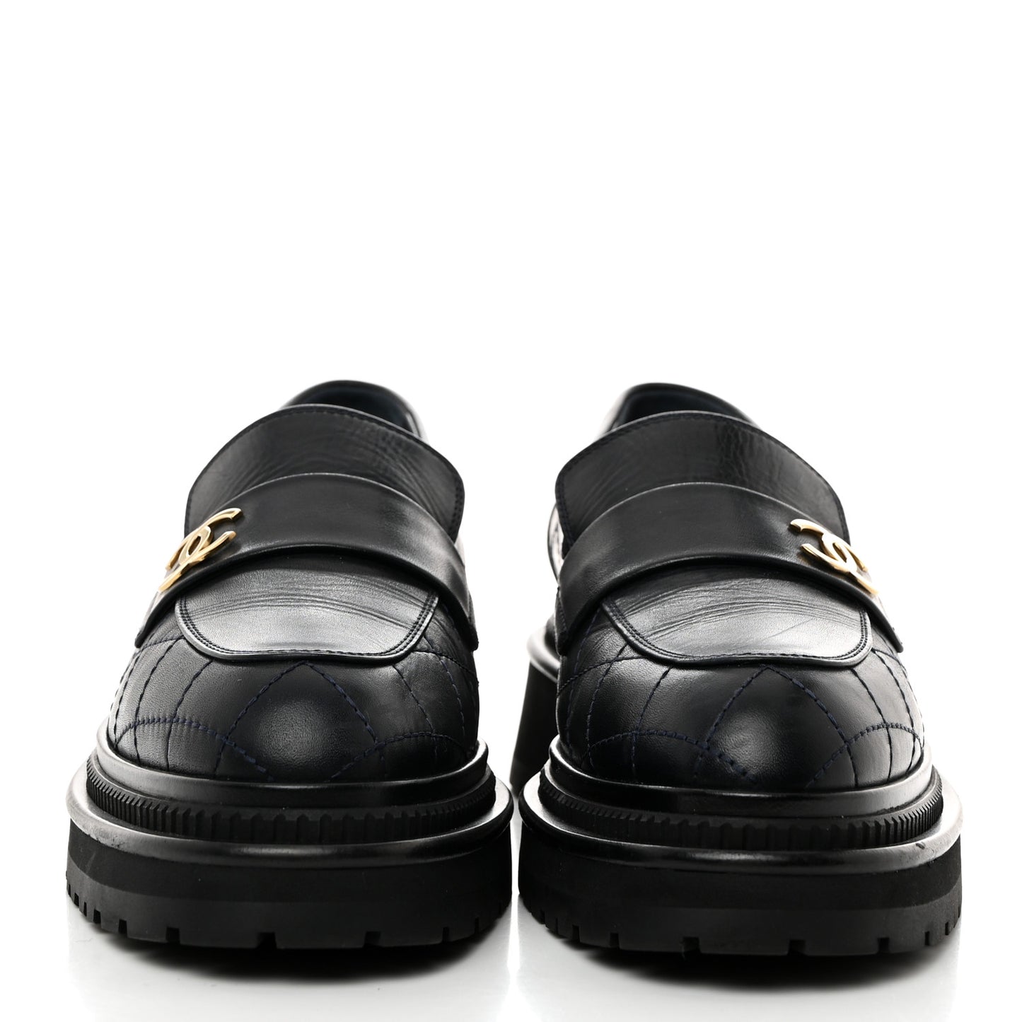 Calfskin Quilted CC Mocassin Loafers 37.5 Navy Blue