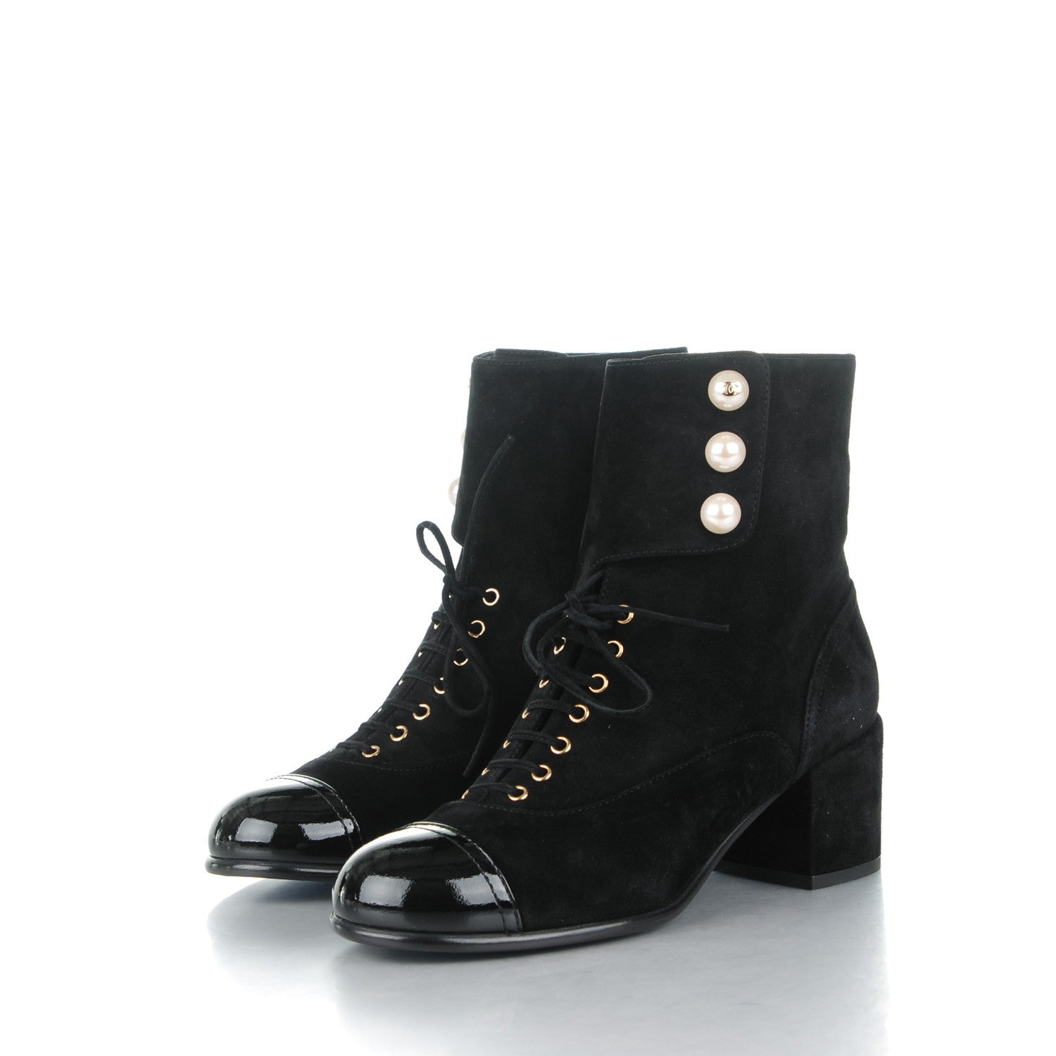 Chanel Suede Patent Calfskin Pearl Cap Toe Short Boots 36 Black 3 of 7