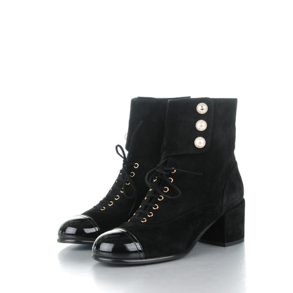 Chanel Suede Patent Calfskin Pearl Cap Toe Short Boots 36 Black 3 of 7