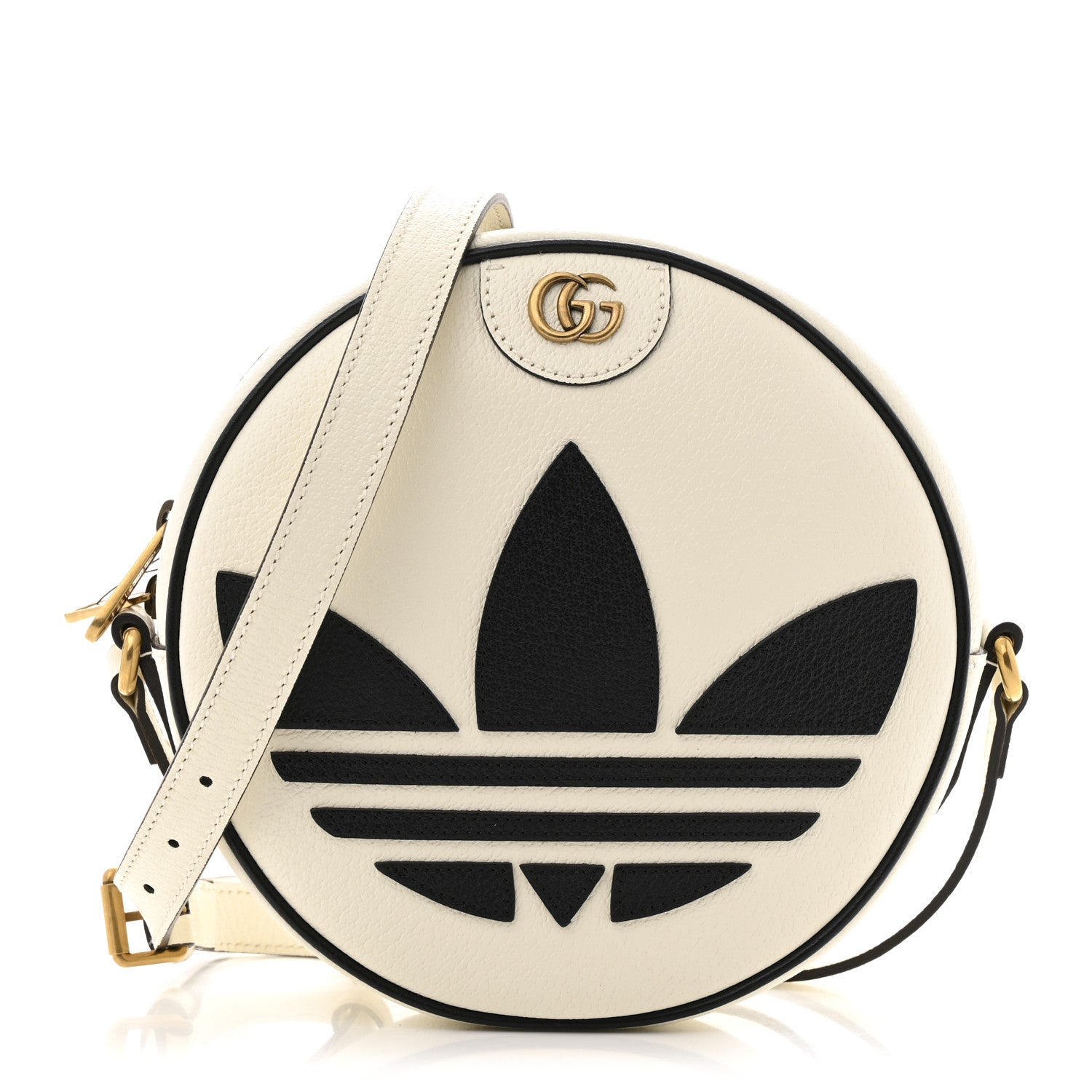 Gucci X ADIDAS Textured Dollar Calfskin Web Trefoil Logo Small Ophidia Round Shoulder Bag Off White Black 1 of 11
