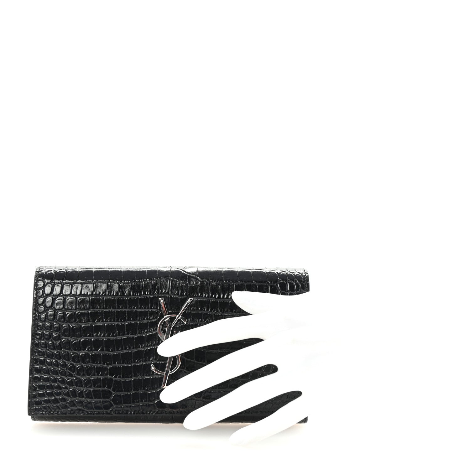 Saint Laurent Calfskin Crocodile Embossed Classic Monogram Cassandre Wallet Black 2 of 7