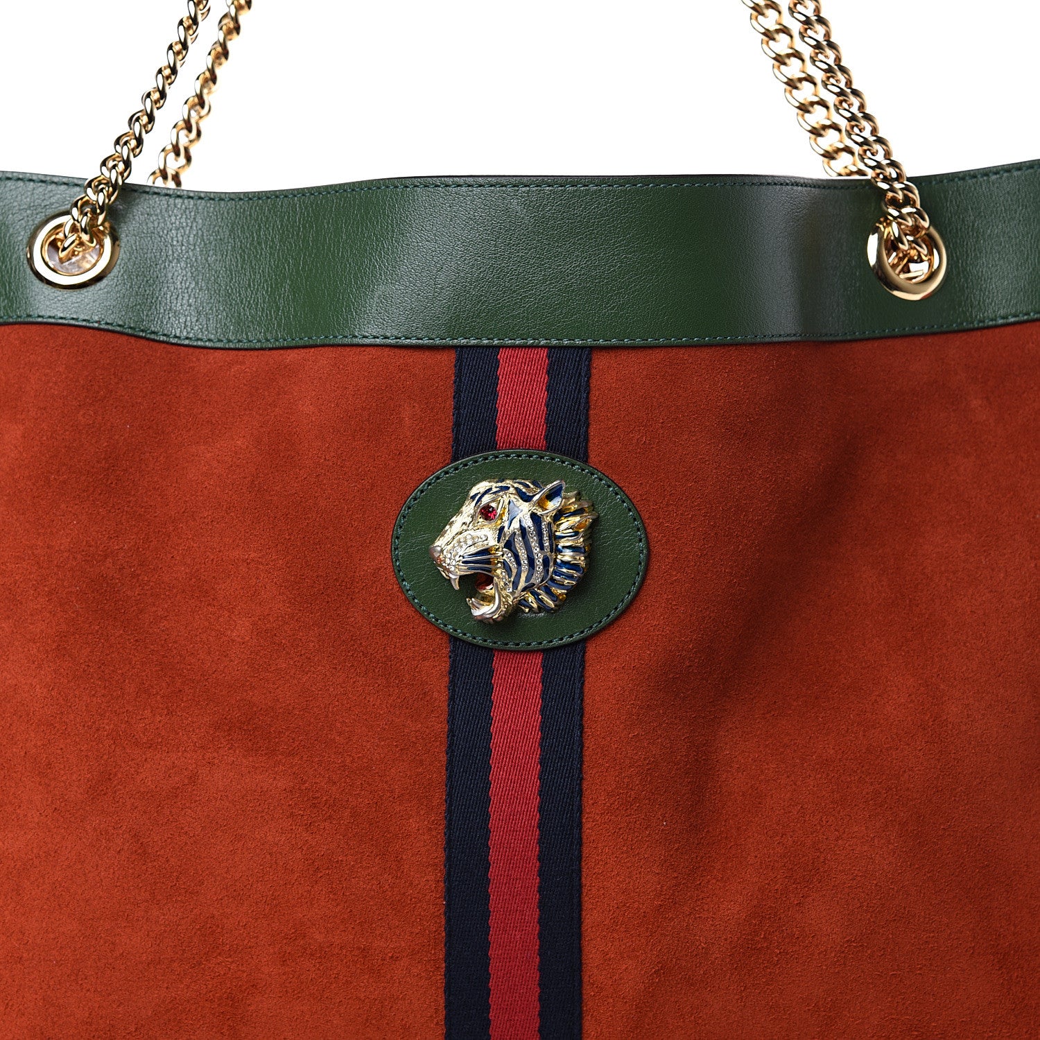 Gucci Suede Calfskin Large Rajah Chain Tote Brown Green 9 of 12