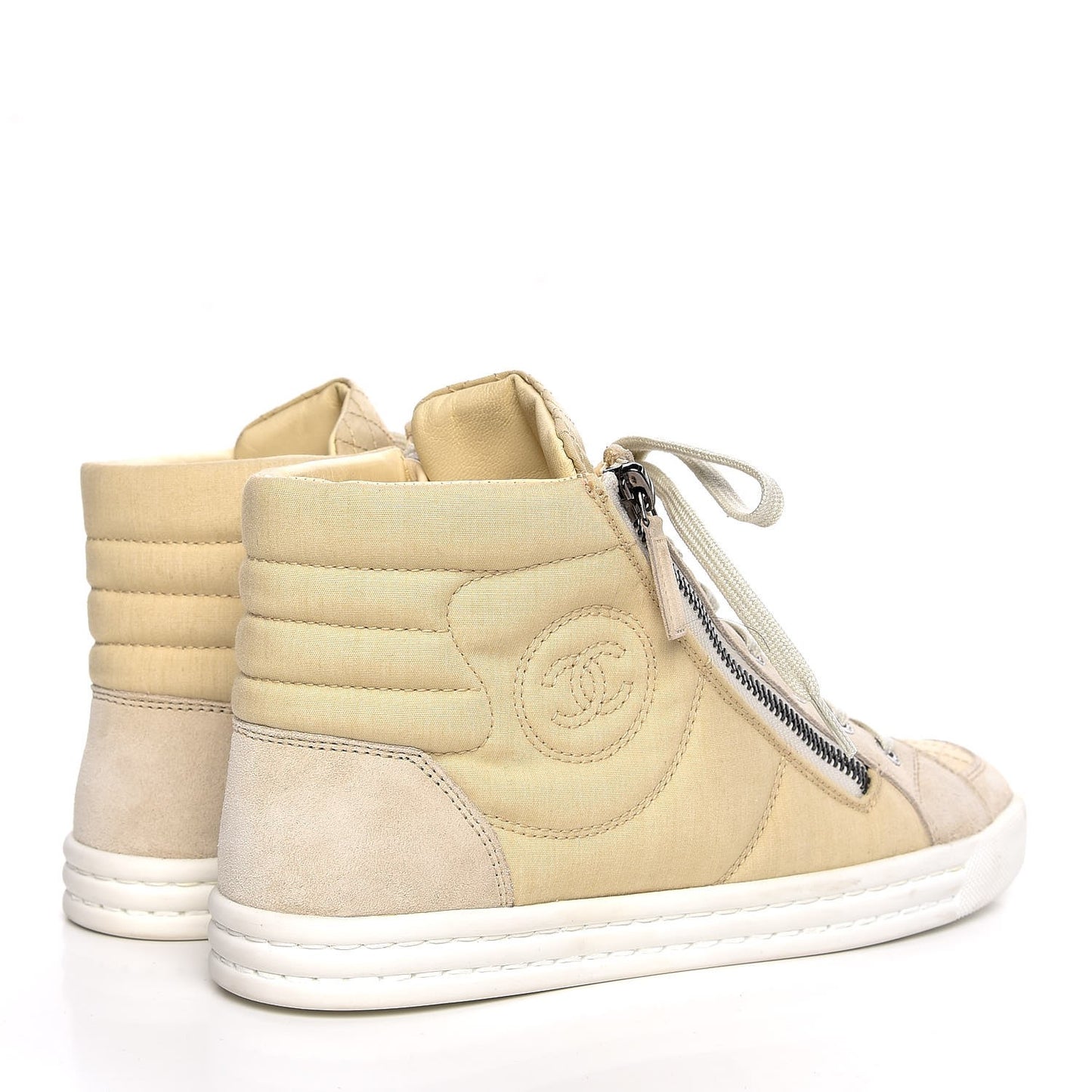 Toile Suede Calfskin CC High Top Sneakers 37 Beige White