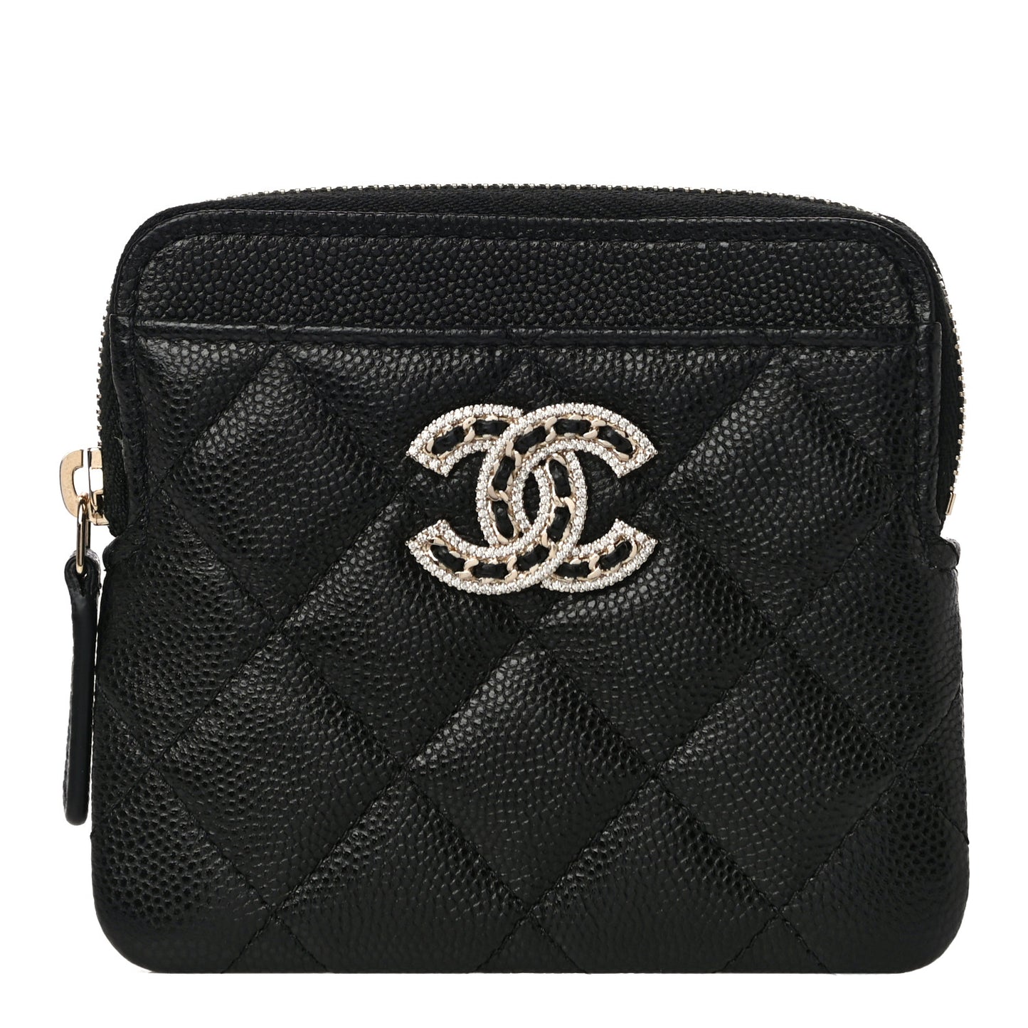 Caviar Quilted Crystal Zip Card Holder Wallet Black