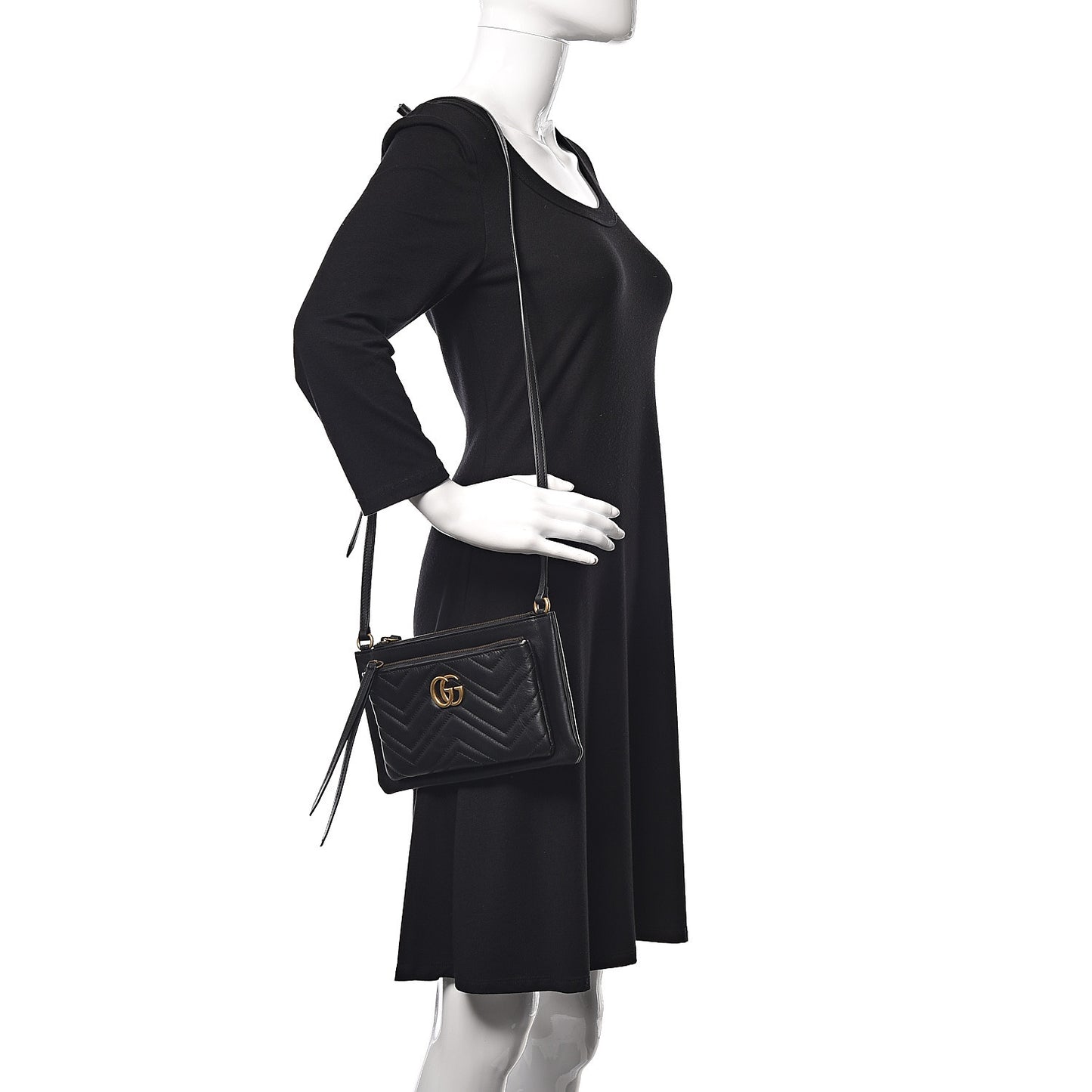 Calfskin Matelasse Small GG Marmont Double Zip Shoulder Bag Black