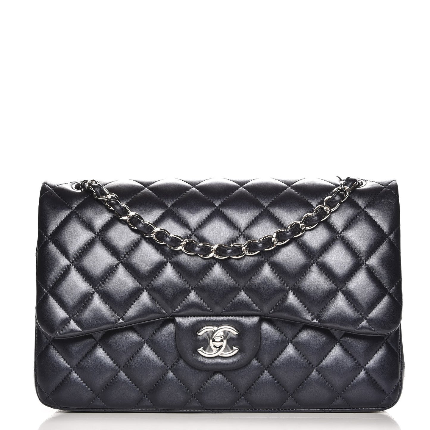 Metallic Lambskin Quilted Jumbo Double Flap Navy
