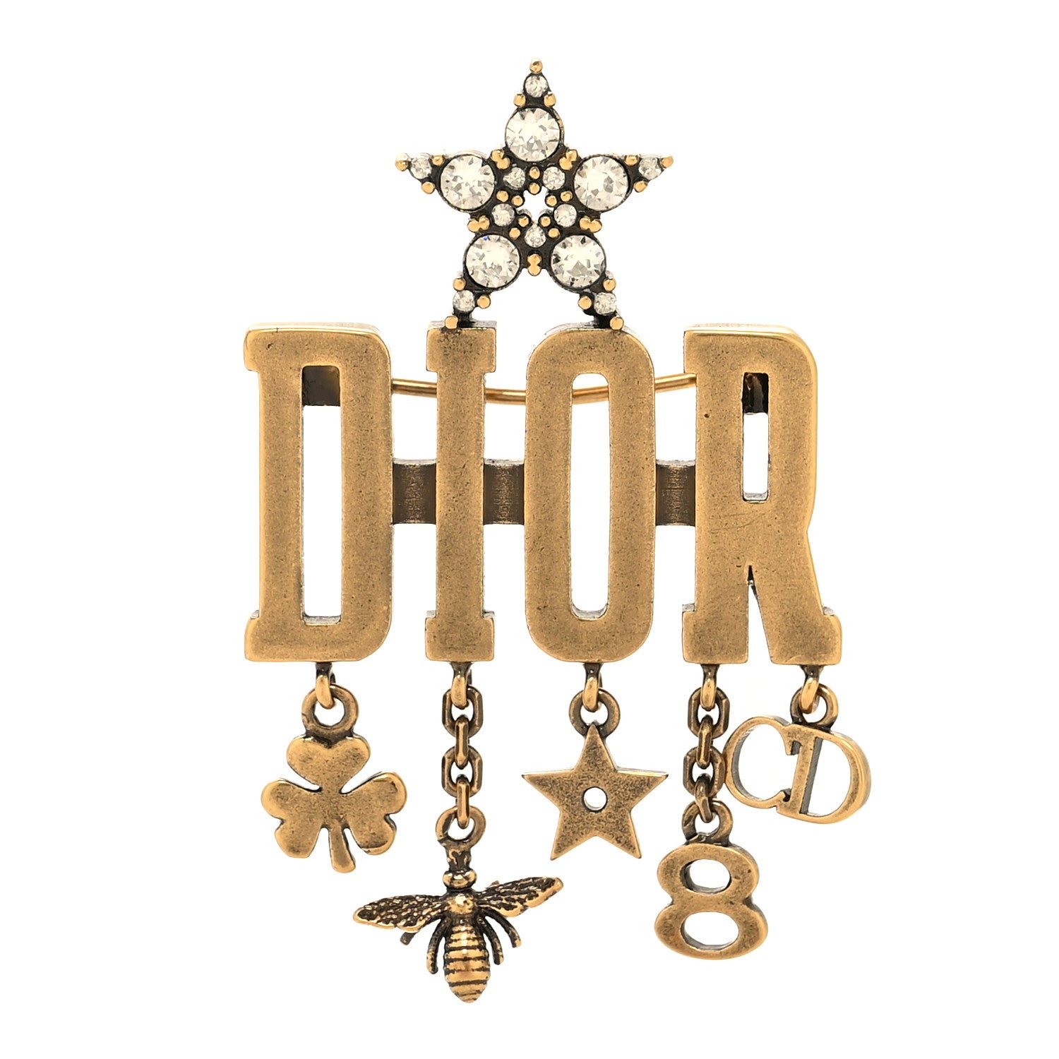 Christian Dior Metal Crystal Dio(r)evolution Logo Brooch Antique Gold 1 of 3