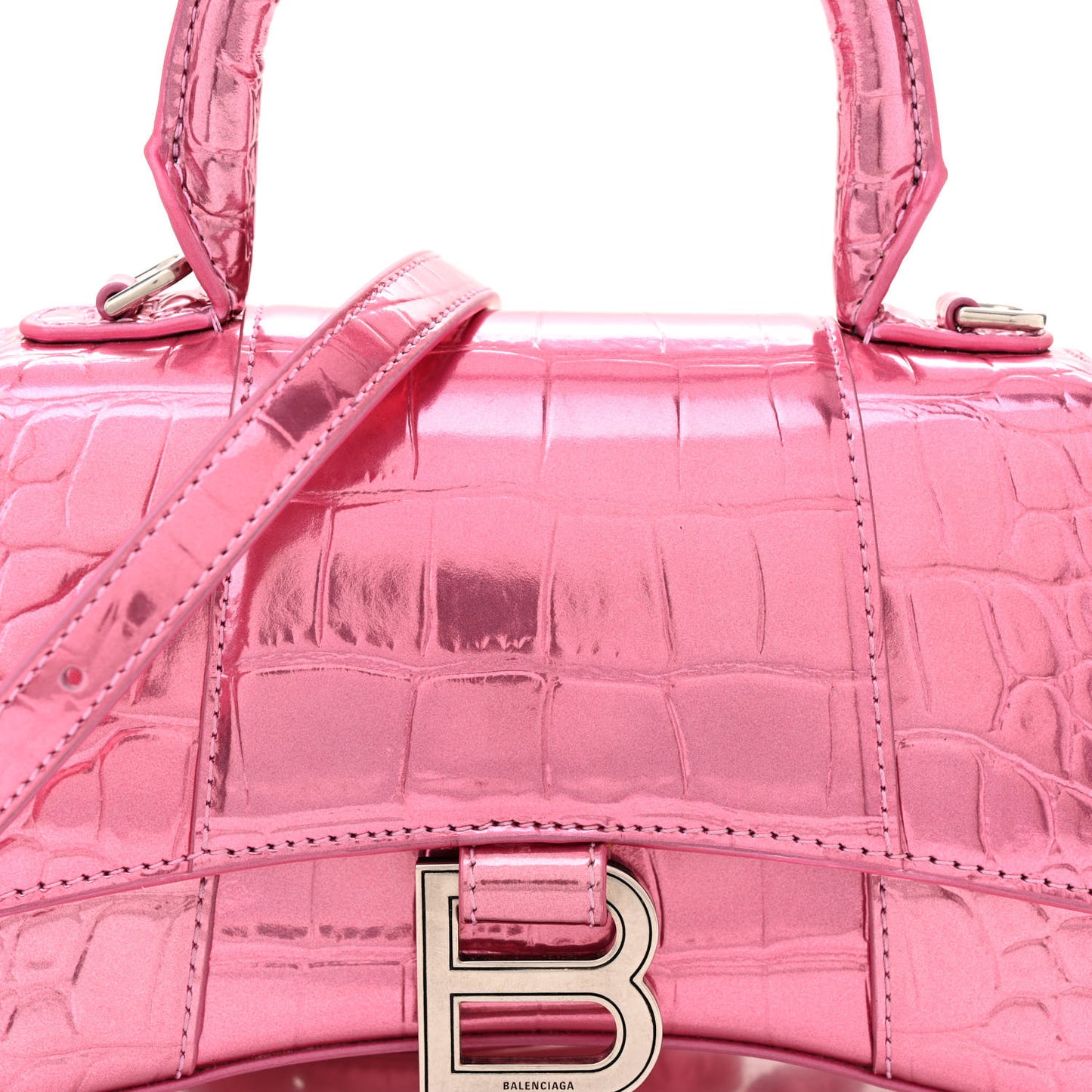 Metallic Shiny Calfskin Crocodile Embossed Hourglass Top Handle Bag XS Pink