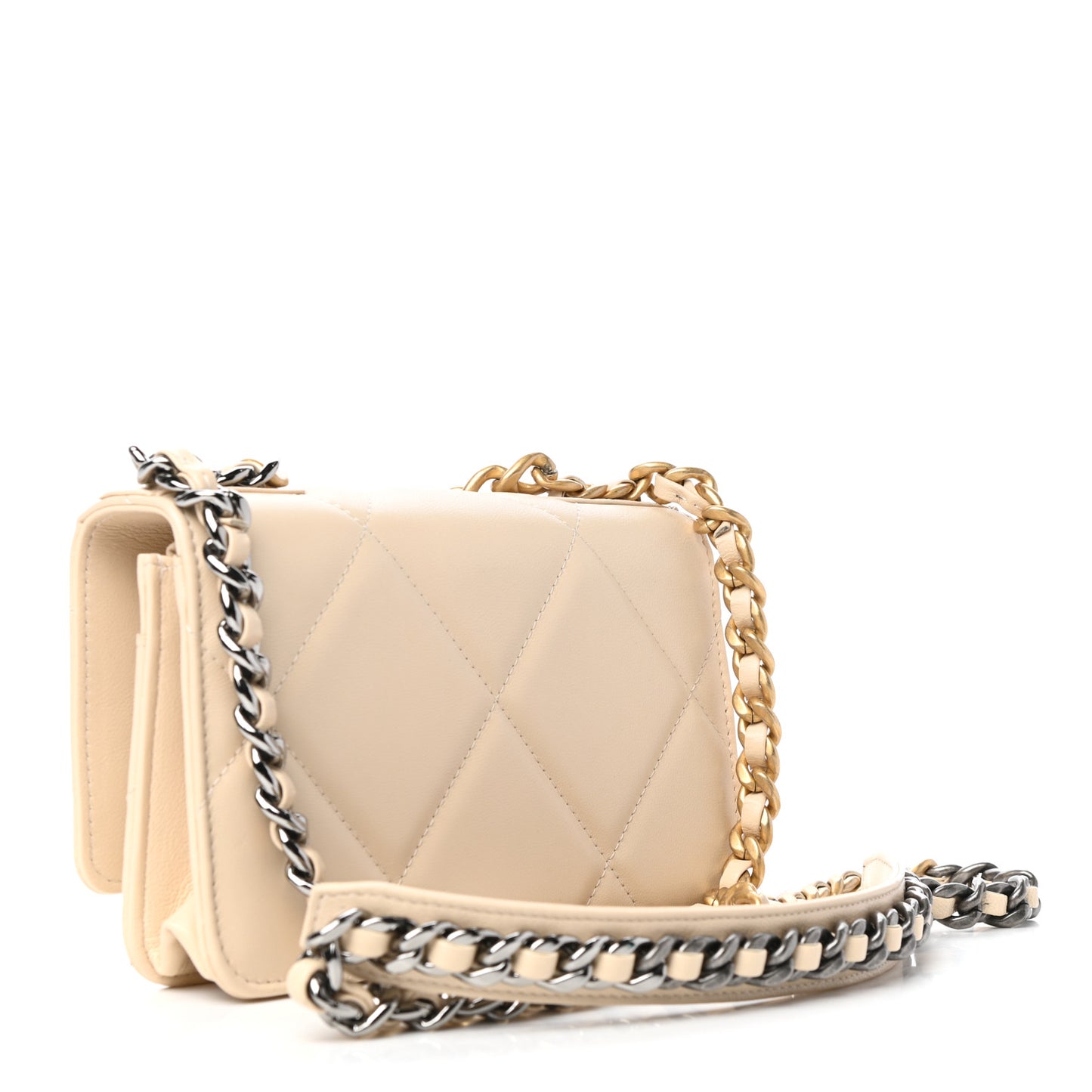Goatskin Quilted Chanel 19 Wallet On Chain WOC Light Beige