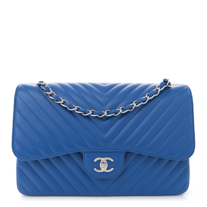 Chanel Caviar Chevron Quilted Jumbo Double Flap Blue 1 of 10