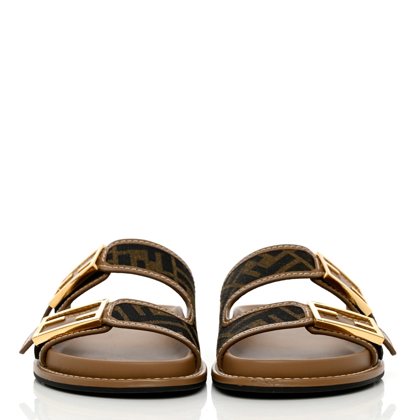 Fabric Jacquard Nappa FF Womens Fendi Feel Buckled Slide Sandals 35.5 Tobacco Black Miele Scuro