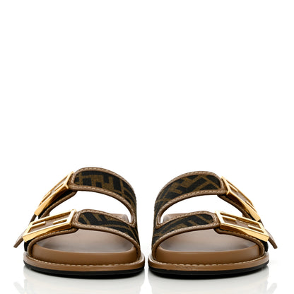 Fendi Fabric Jacquard Nappa FF Womens Fendi Feel Buckled Slide Sandals 35.5 Tobacco Black Miele Scuro 2 of 10