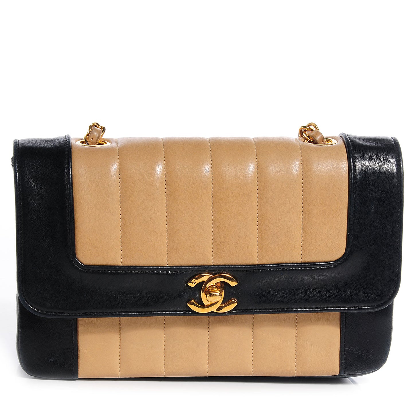 Lambskin Vertical Quilted Small Flap Beige Black
