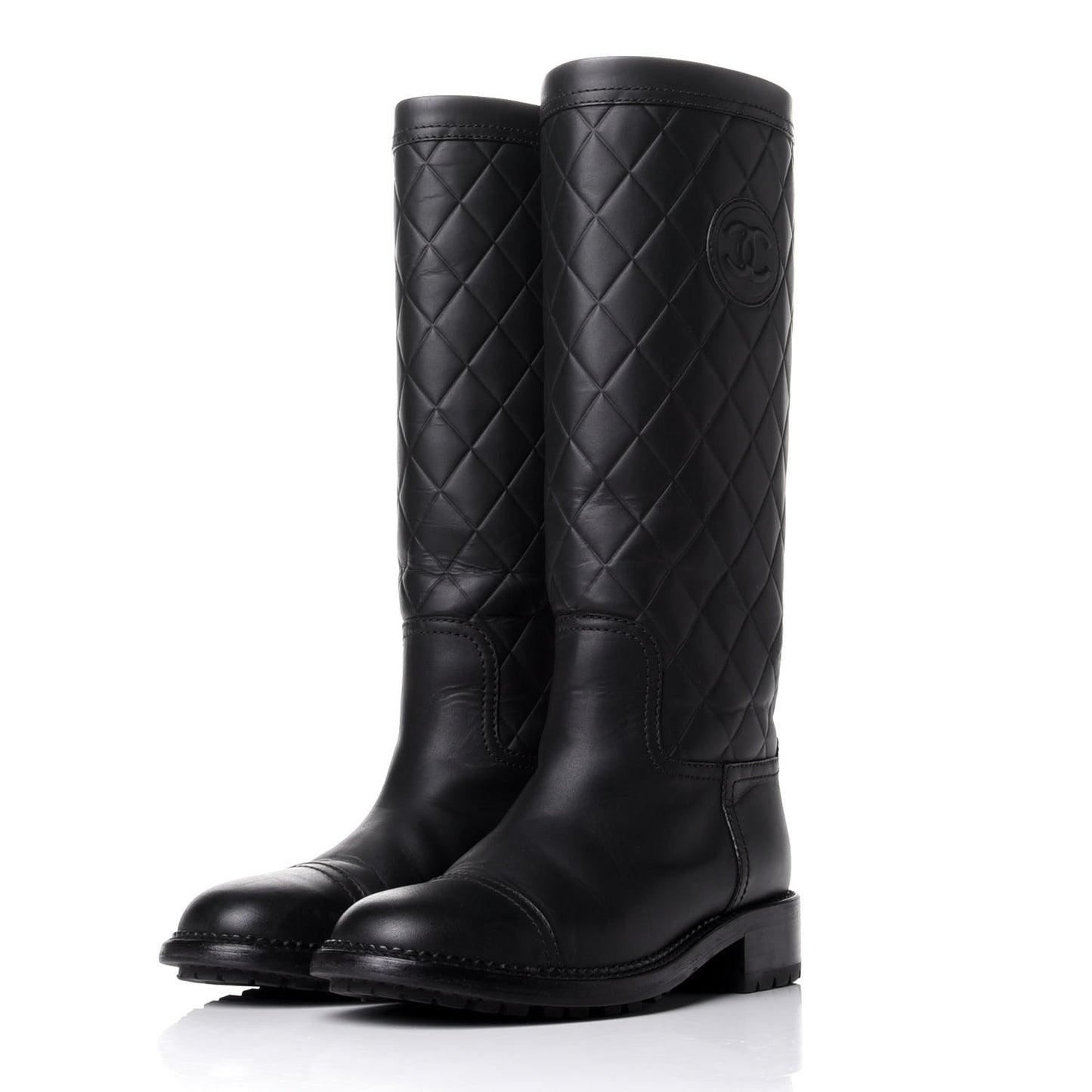 Oily Calfskin Quilted High Boots 36 Black