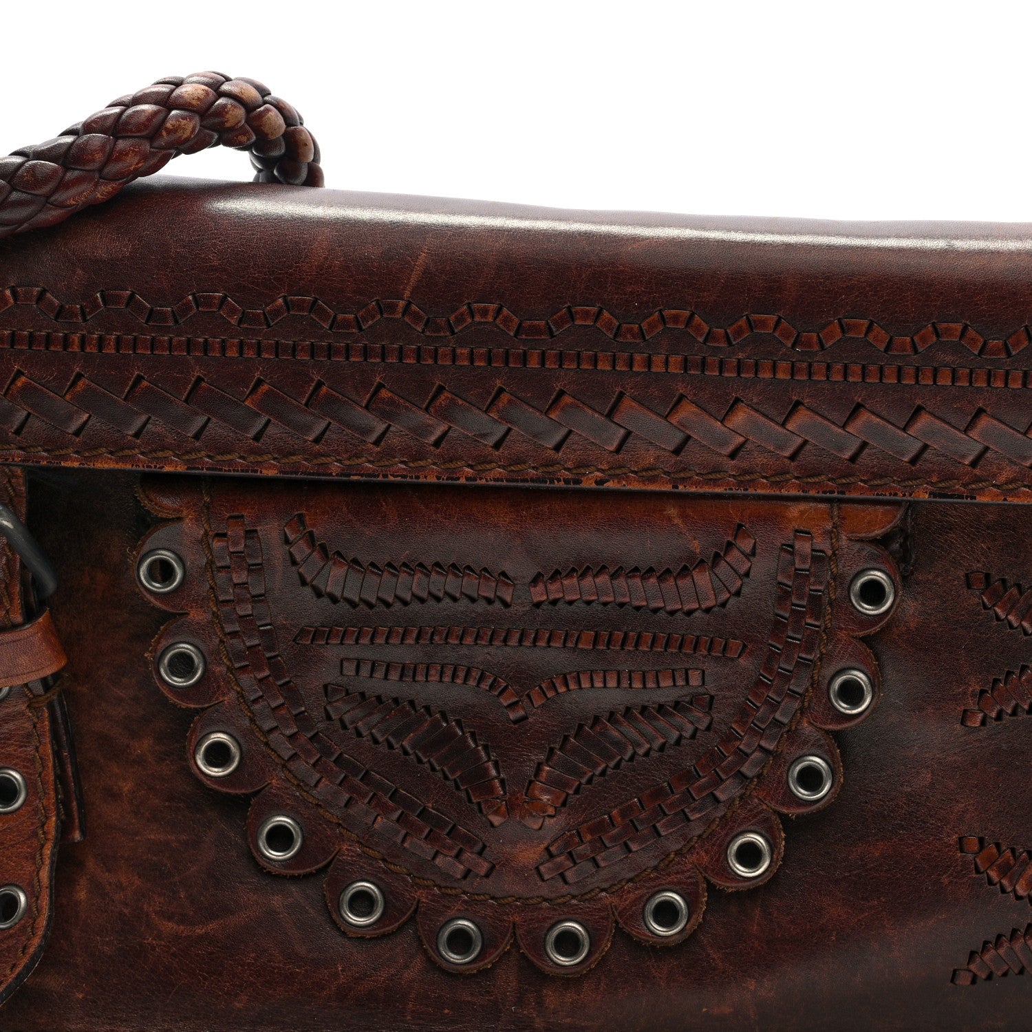 Saint Laurent Calfskin Woven Grommet Shoulder Bag Brown 8 of 11