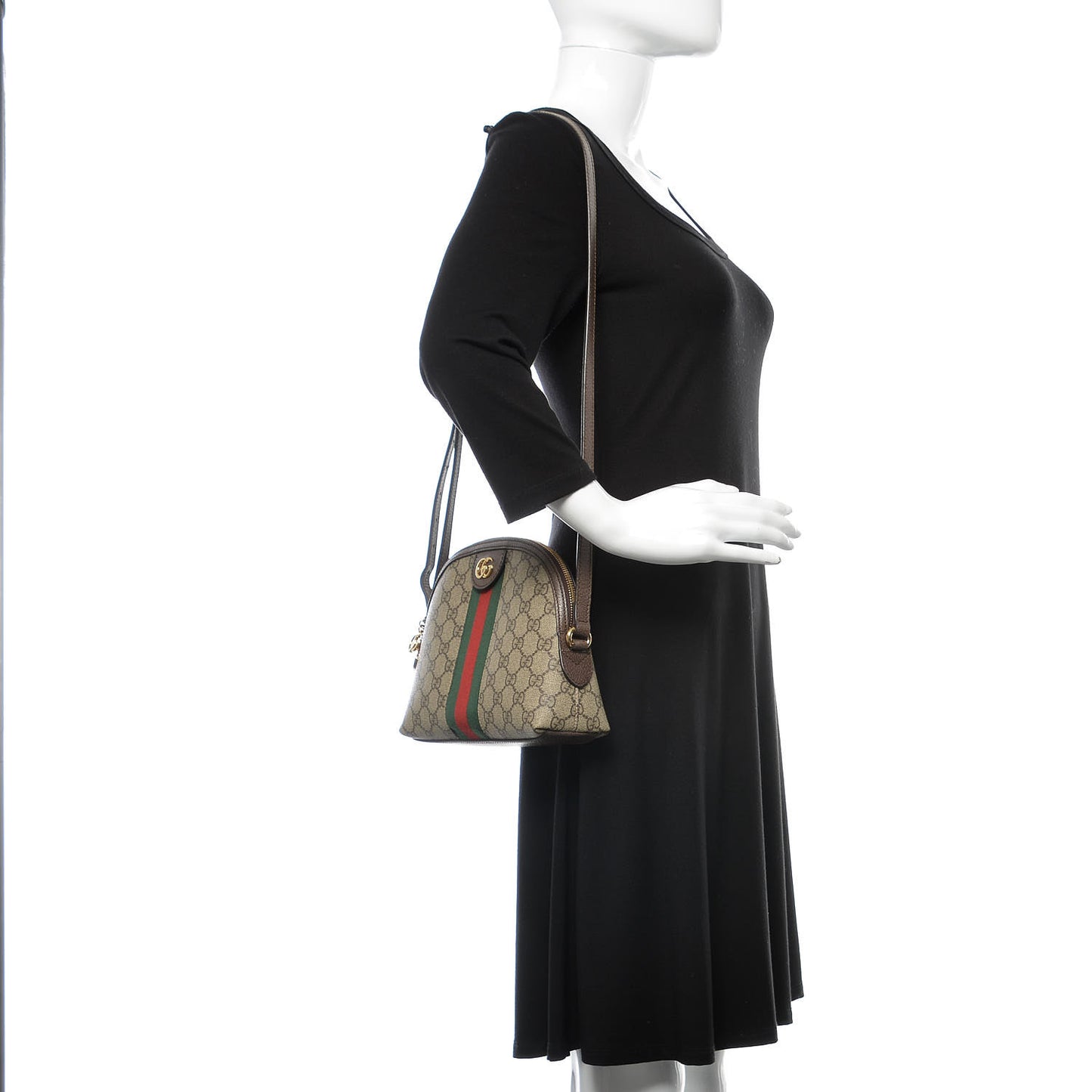 GG Supreme Monogram Textured Dollar Calfskin Web Small Ophidia Dome Shoulder Bag Beige Ebony New Acero