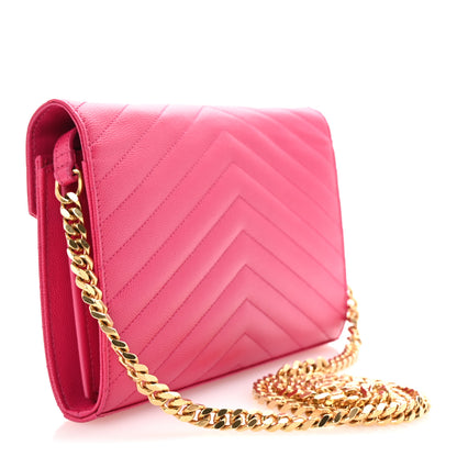 Saint Laurent Grain De Poudre Matelasse Chevron Monogram Chain Wallet Lipstick Fuchsia 3 of 10