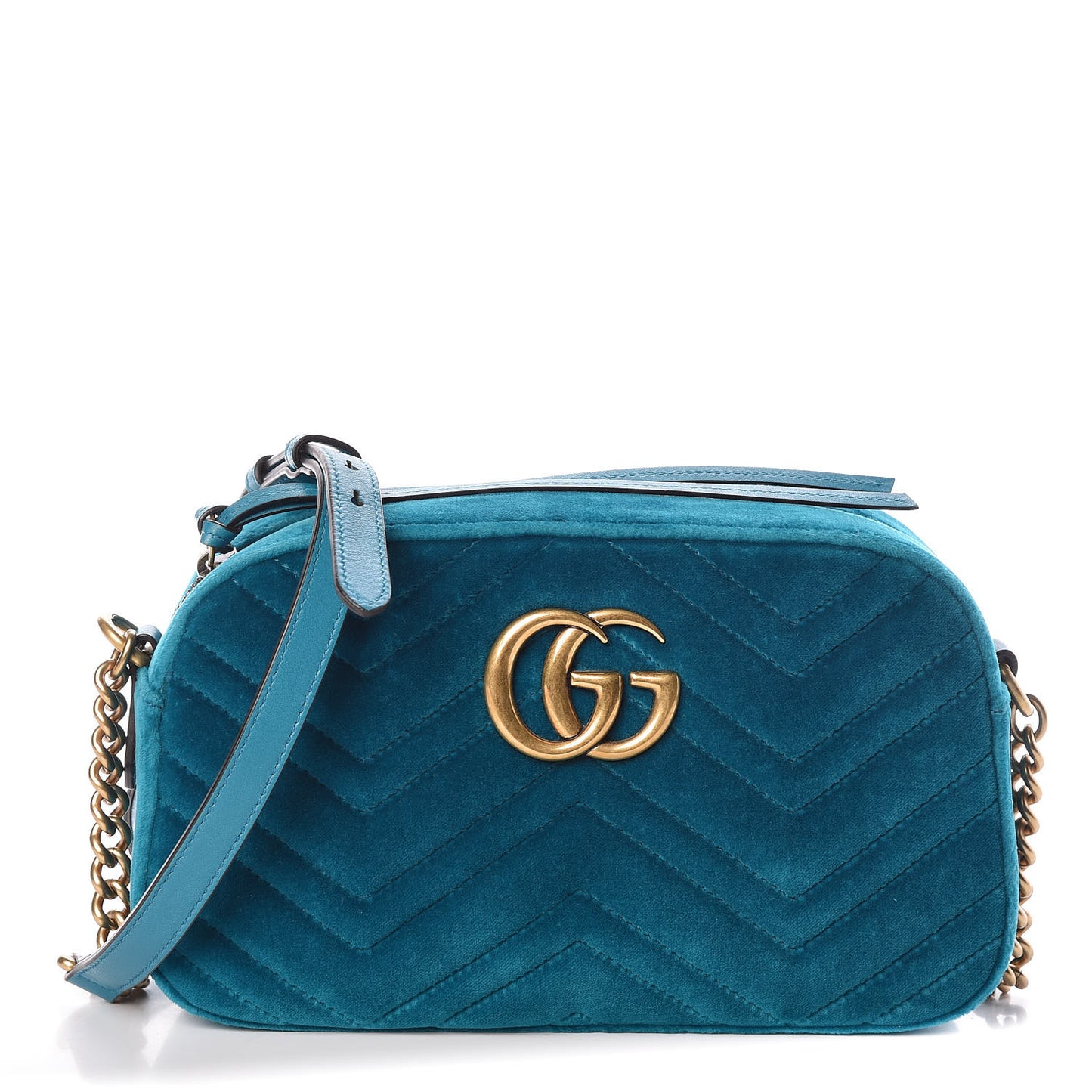 Velvet Matelasse Small GG Marmont Chain Shoulder Bag Pavone Cyan