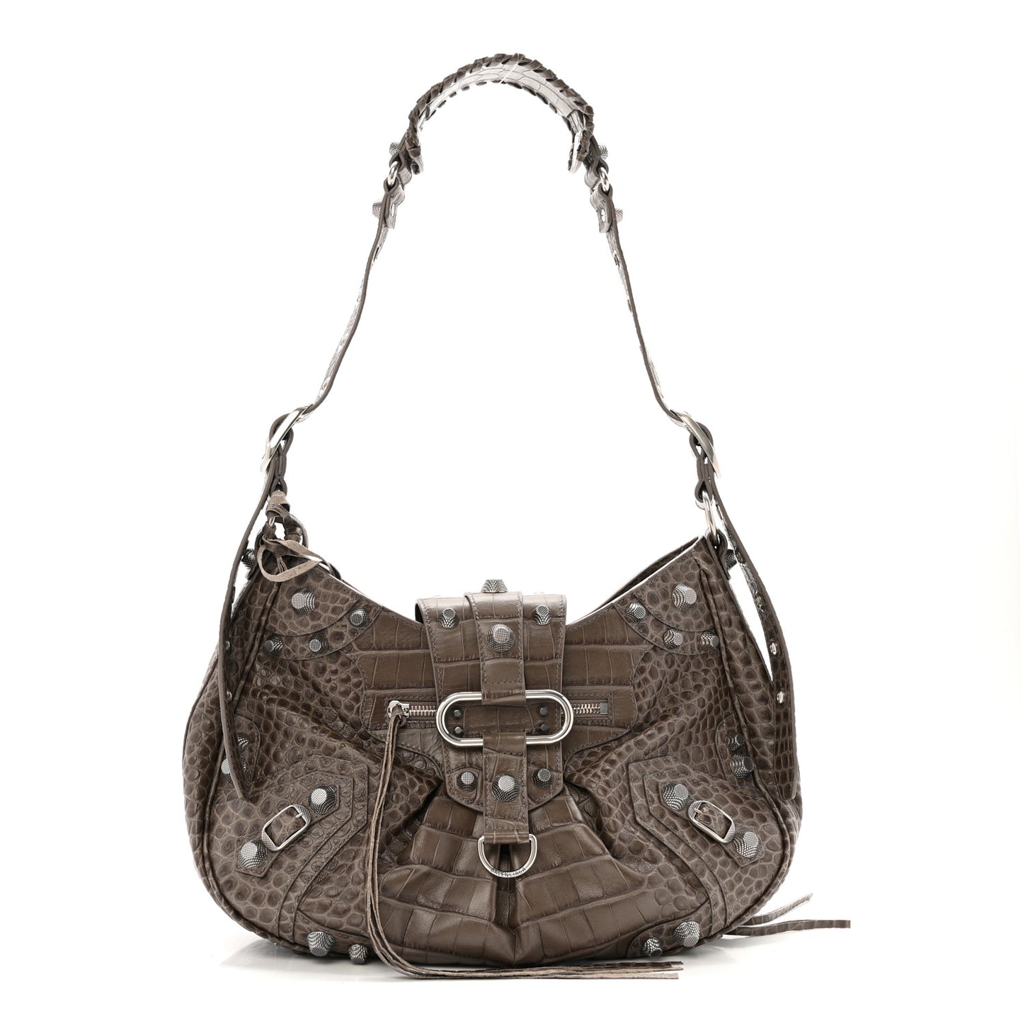 Extra Supple Calfskin Crocodile Embossed Medium Le Cagole Shoulder Bag Medium Grey