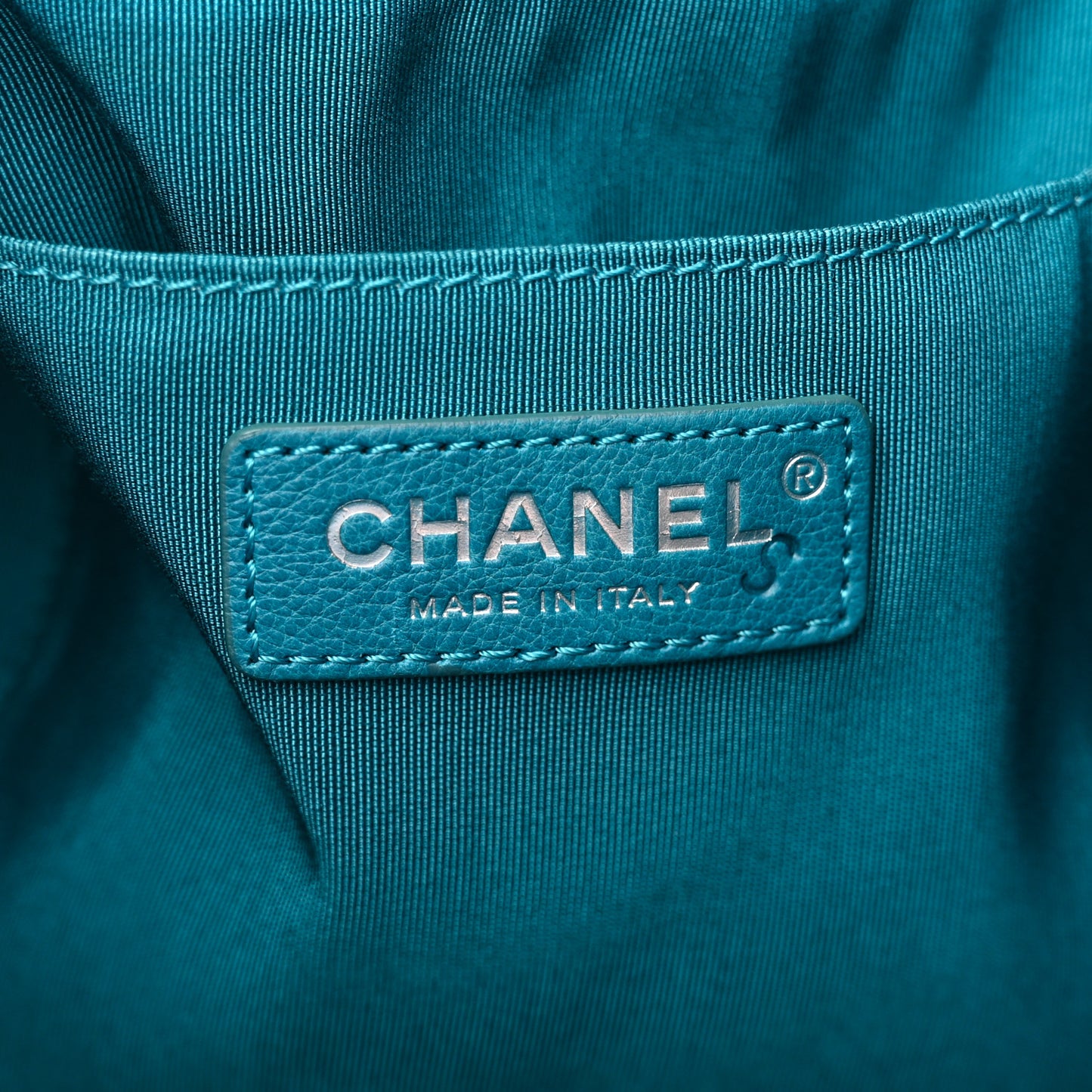 Caviar Flat Quilted CC Chain Bucket Drawstring Bag Blue