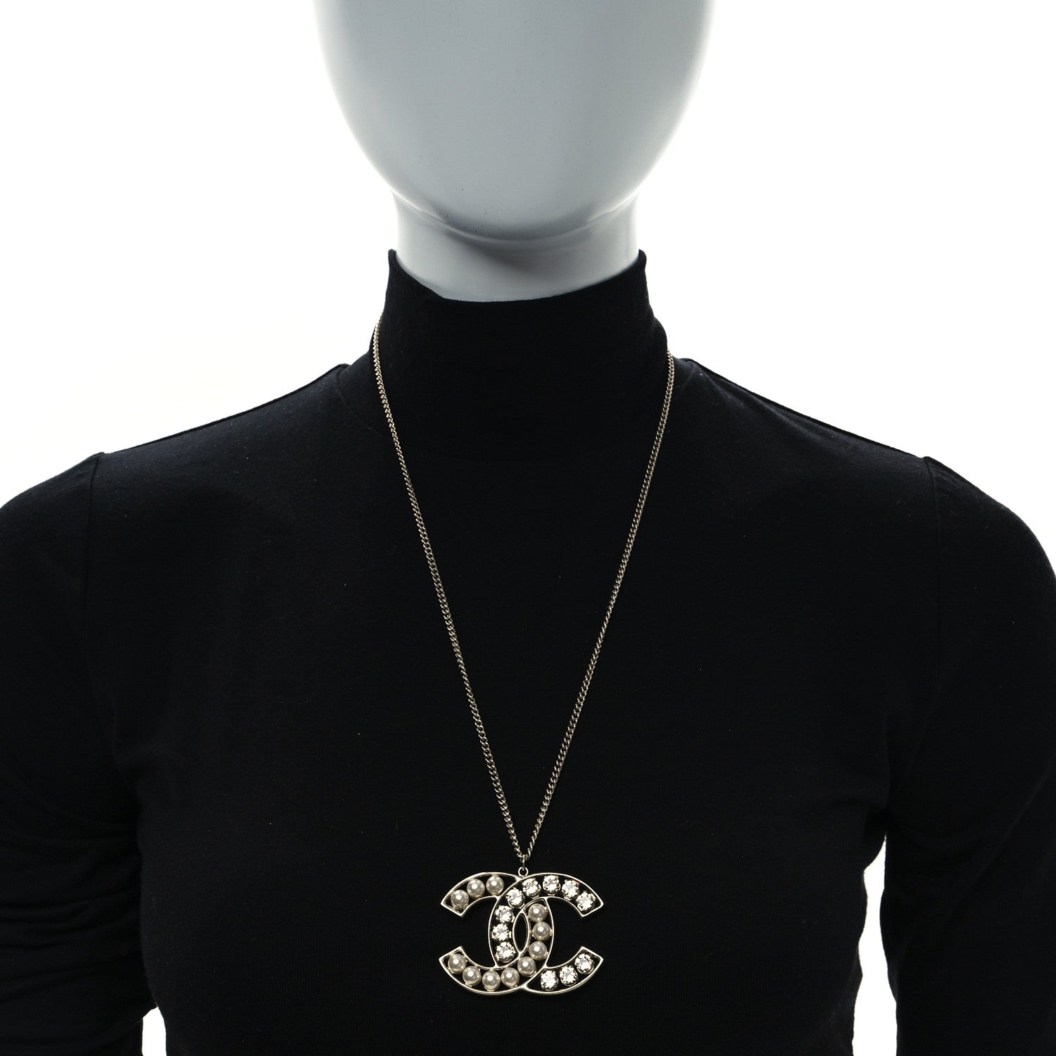 Chanel Pearl Crystal CC Pendant Necklace Gold 2 of 5