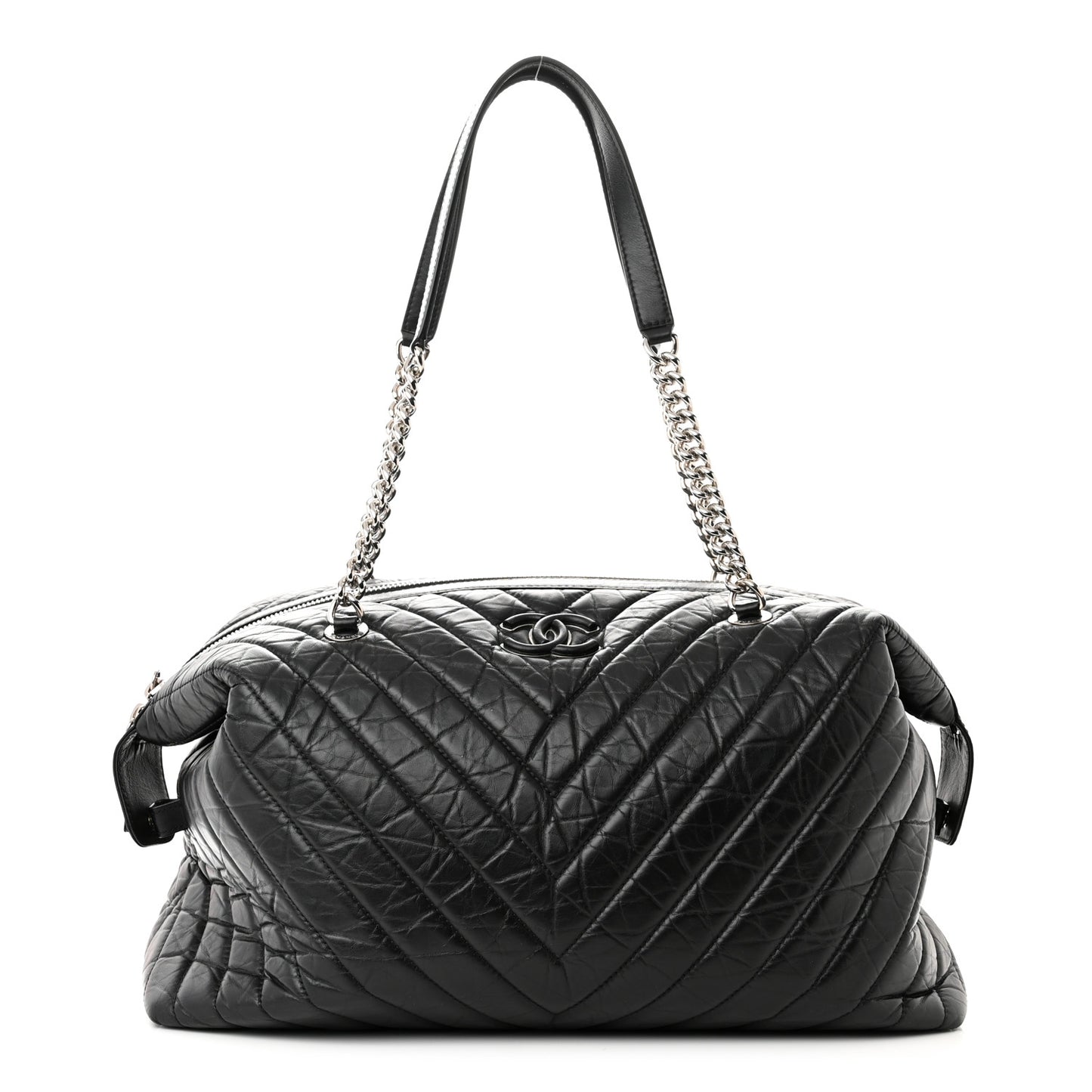 Aged Calfskin Chevron Quilted Duffle Bag Black