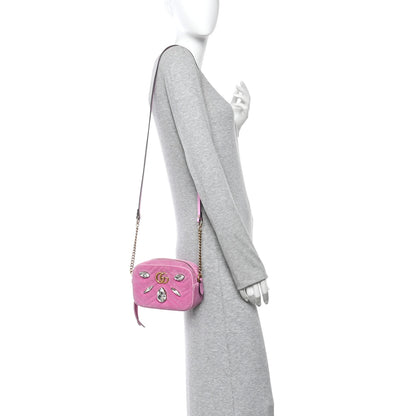 Gucci Velvet Matelasse Marquise Crystals Mini GG Marmont Chain Shoulder Bag Malva 2 of 10