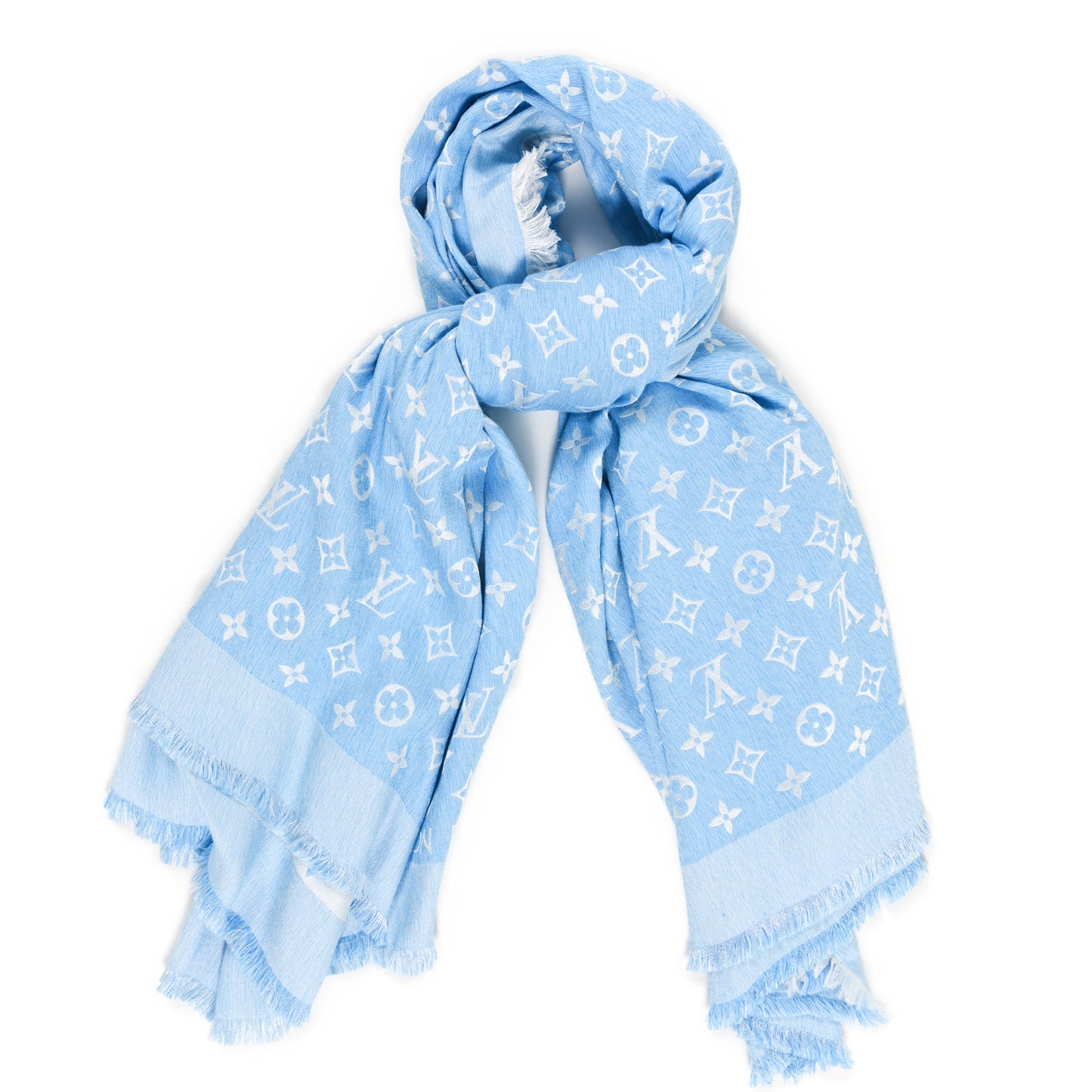 Silk Wool Monogram Denim T-Shirting Shawl Light Blue