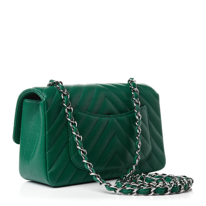 Chanel Caviar Chevron Quilted Mini Rectangular Flap Dark Green 3 of 11