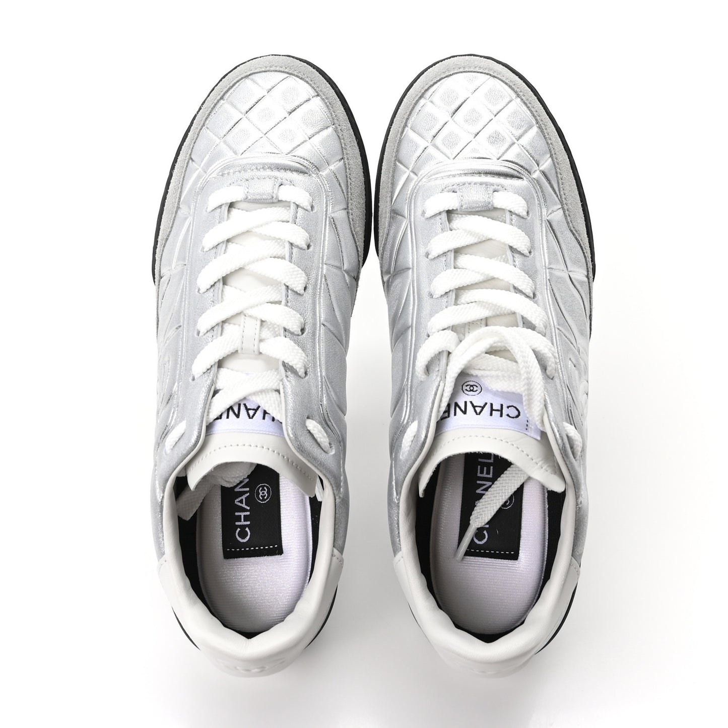 Laminated Lambskin Suede Quilted Womens CC Sneakers 37.5 Silver Gray