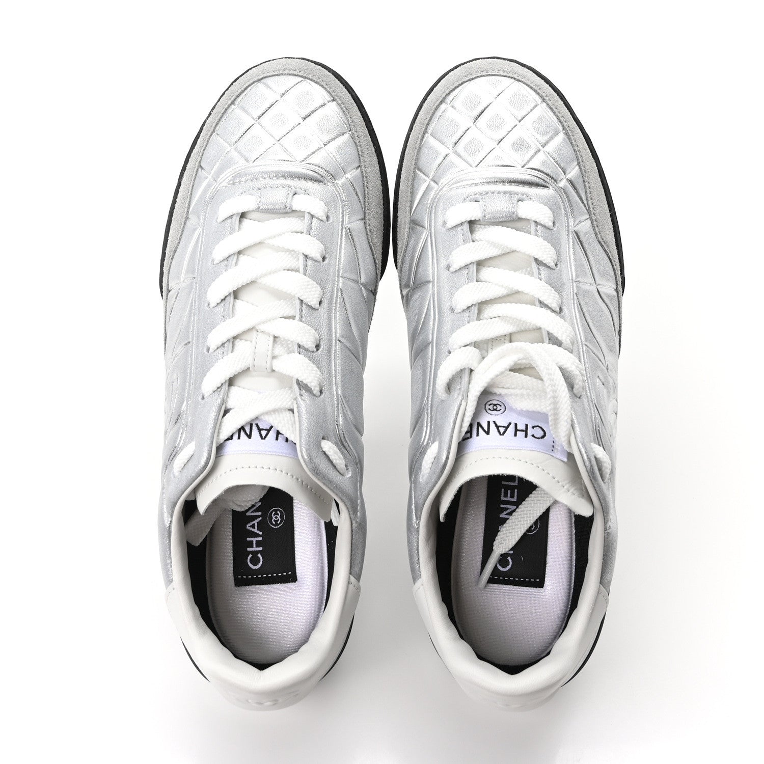 Chanel Laminated Lambskin Suede Quilted Womens CC Sneakers 37.5 Silver Gray 2 of 10