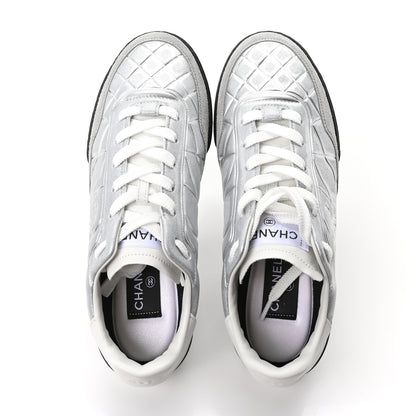 Chanel Laminated Lambskin Suede Quilted Womens CC Sneakers 37.5 Silver Gray 2 of 10