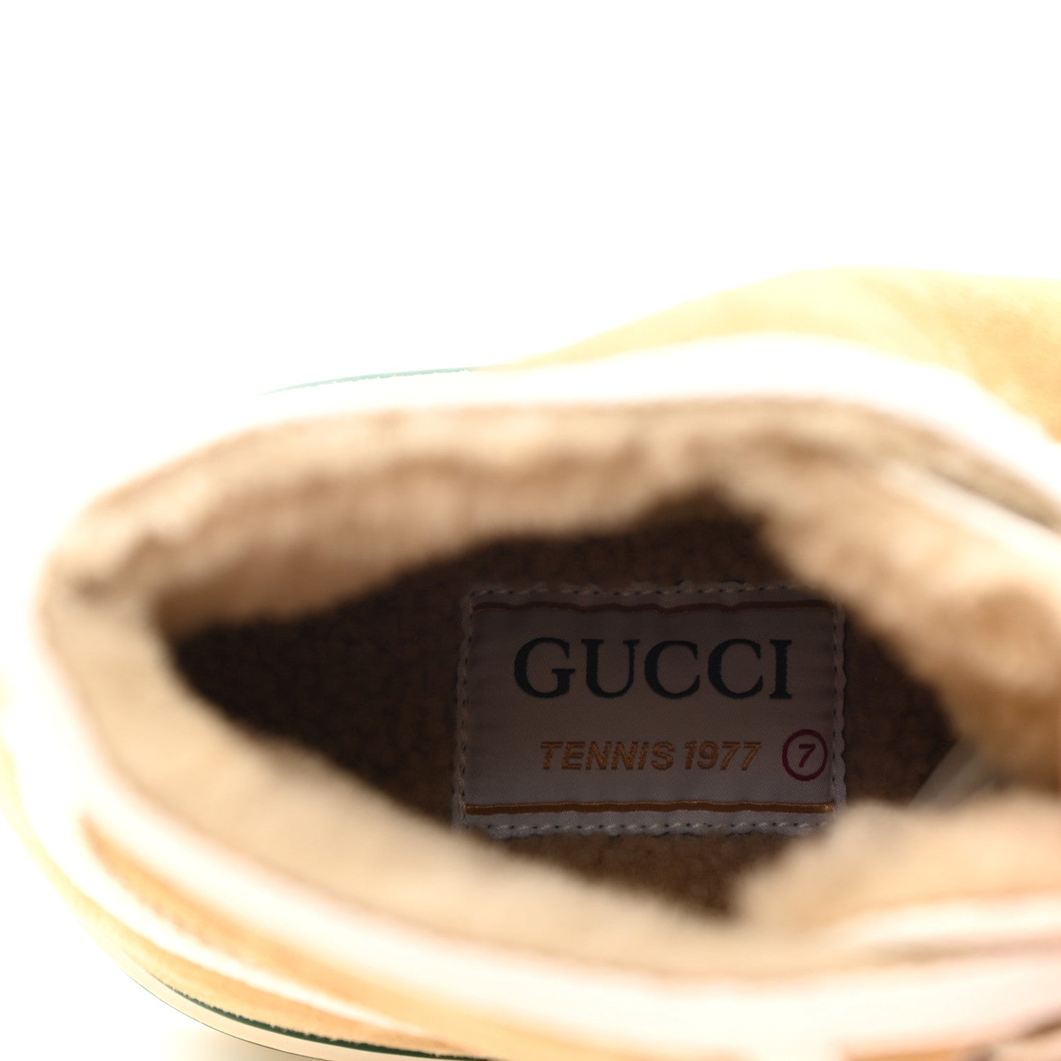 Gucci Suede Shearling Web Mens 1977 Tennis High Top Sneakers 7 Butterscotch Mystic White 7 of 10