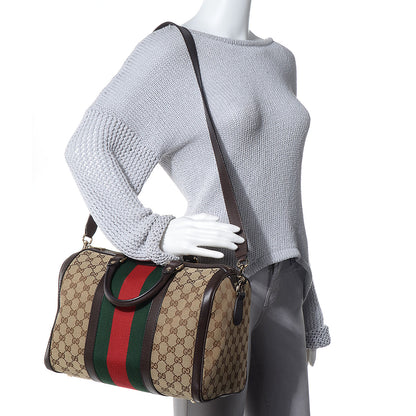 Gucci Monogram Selleria Calfskin Vintage Web Medium Boston Beige Ebony Cocoa 2 of 7