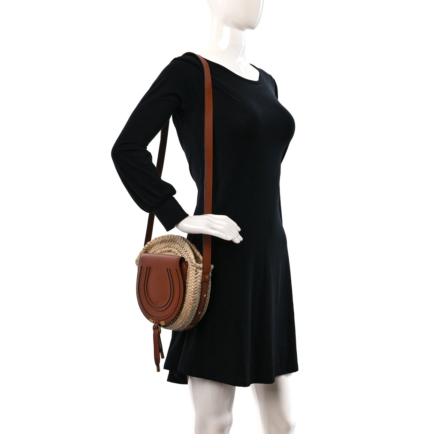 Raffia Small Grain Calfskin Small Marcie Basket Crossbody Tan