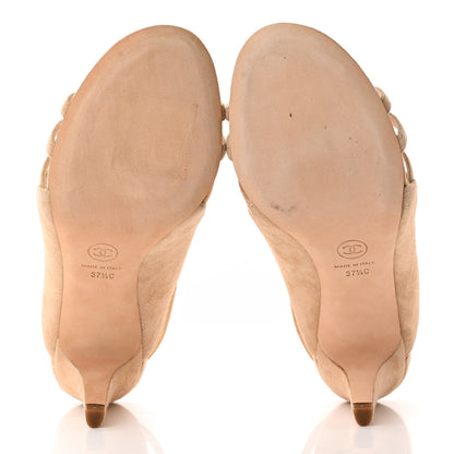 Chanel Suede Pearl Open Toe Caged Sandals 37.5 Beige 5 of 13