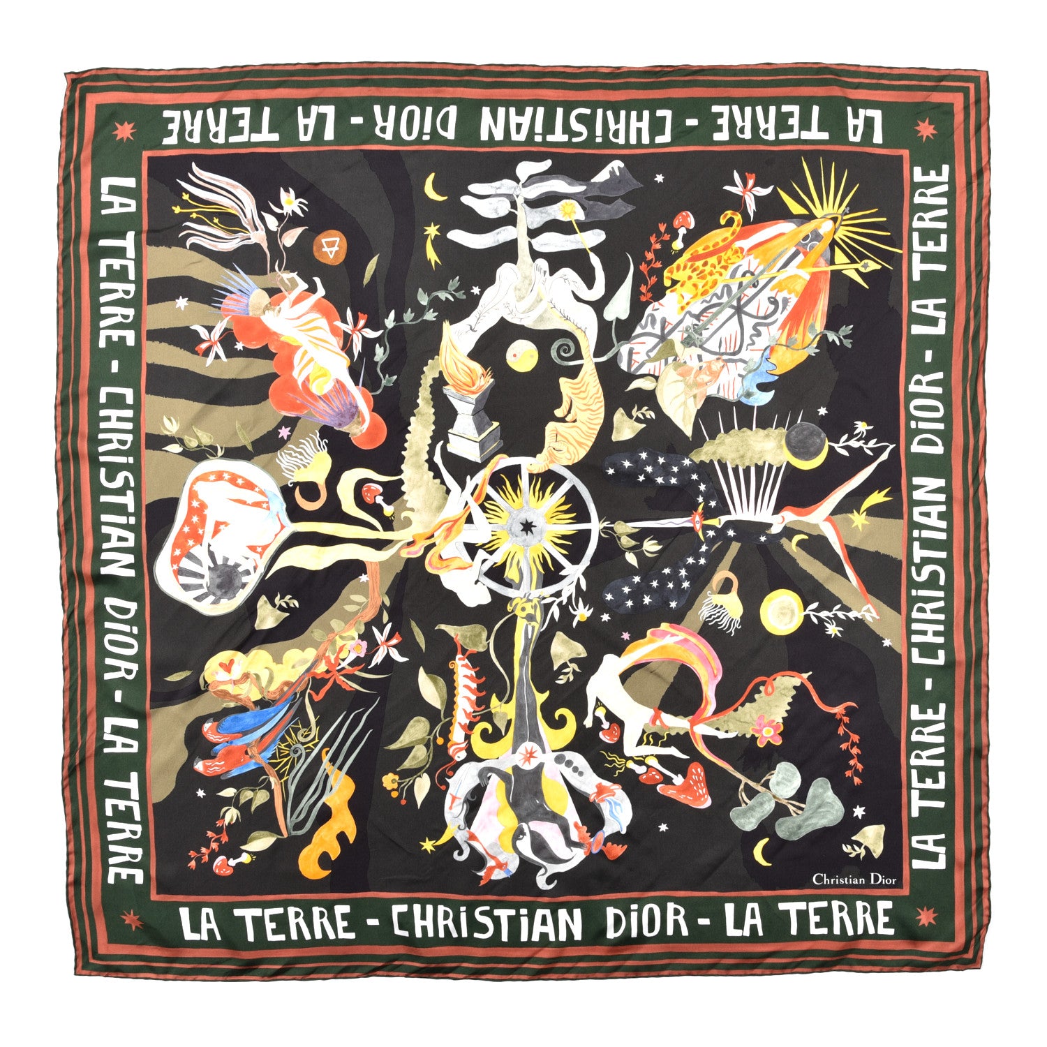Christian Dior Silk La Terre Earth Square Scarf Black 1 of 3