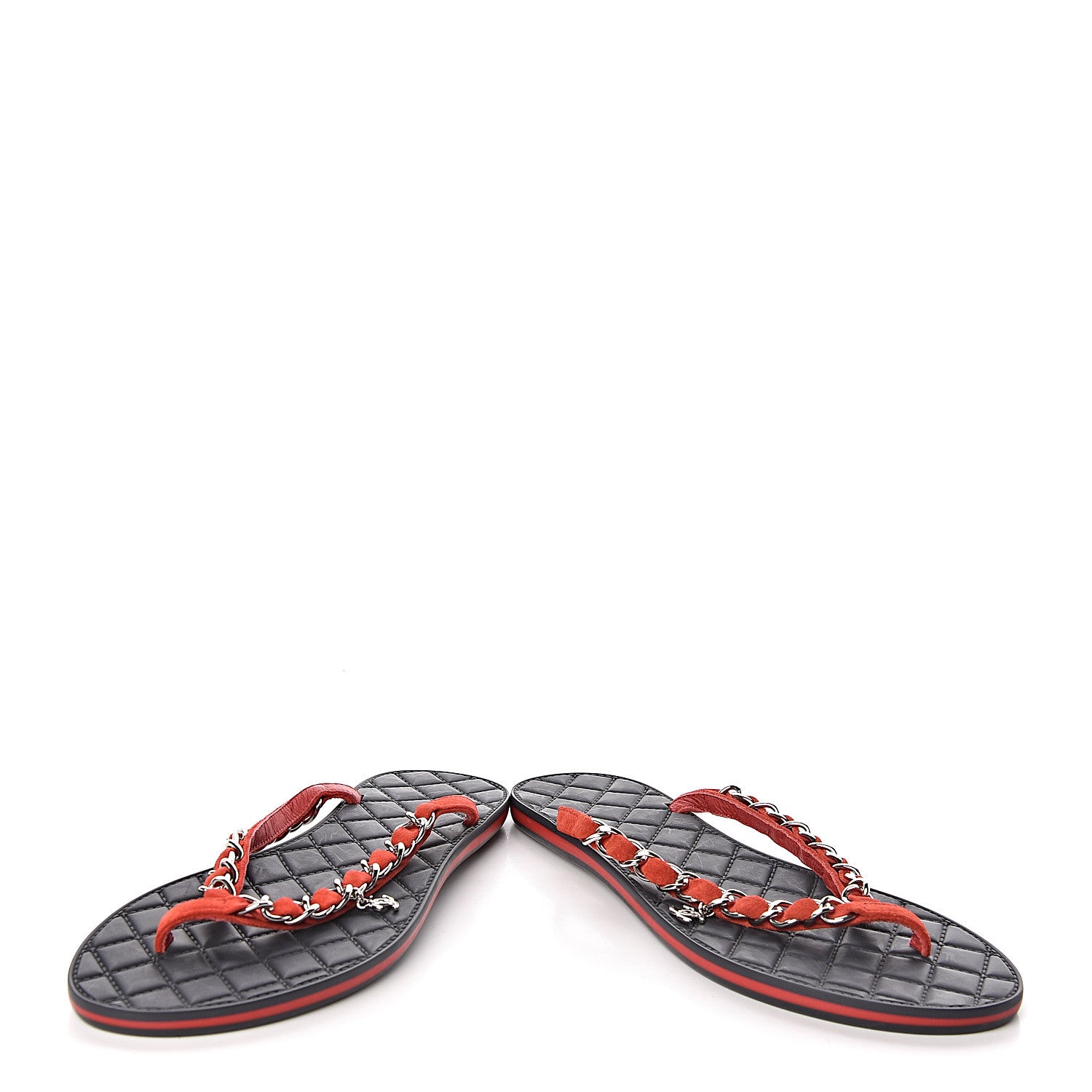 Chanel Suede Calfskin Quilted Chain Thong Sandals 36.5 Red 6 of 12