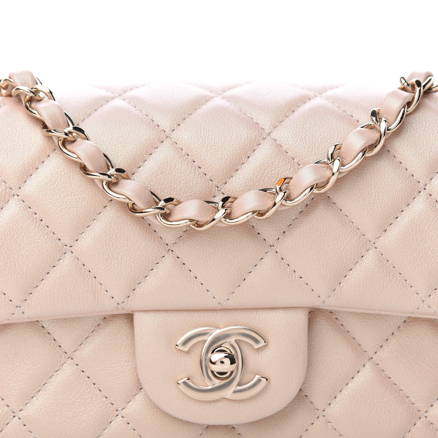 Iridescent Calfskin Quilted Mini Rectangular Flap Beige