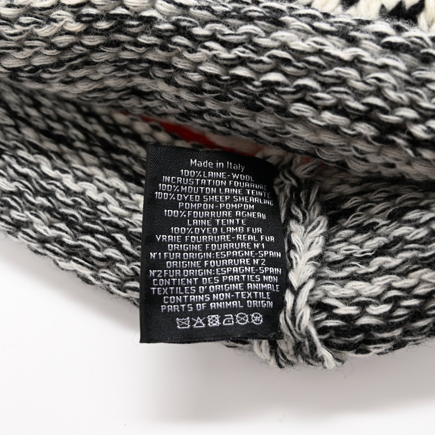 Wool Shearling CC Beanie Hat Grey Black Red