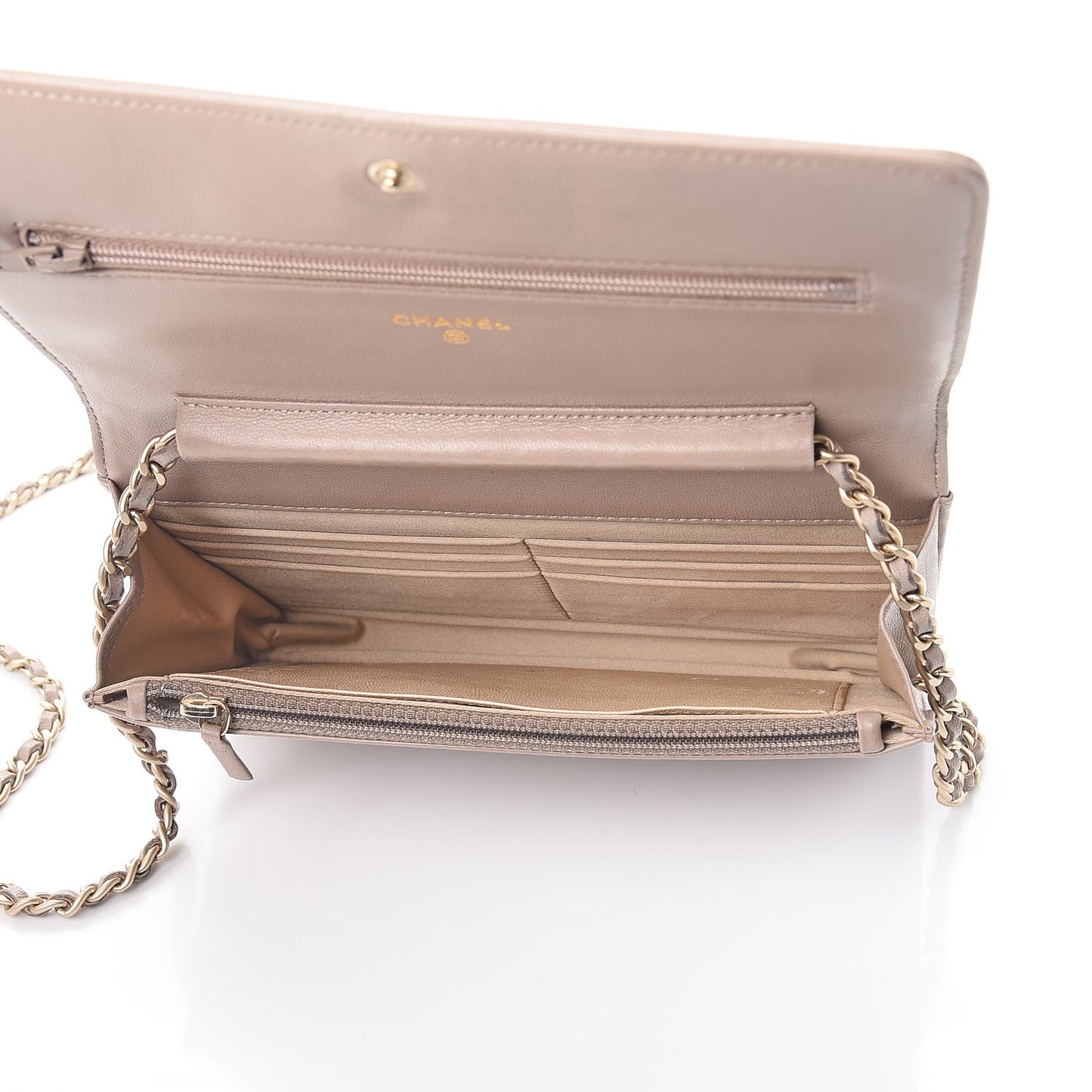Lambskin Camellia Embossed Wallet on Chain WOC Beige