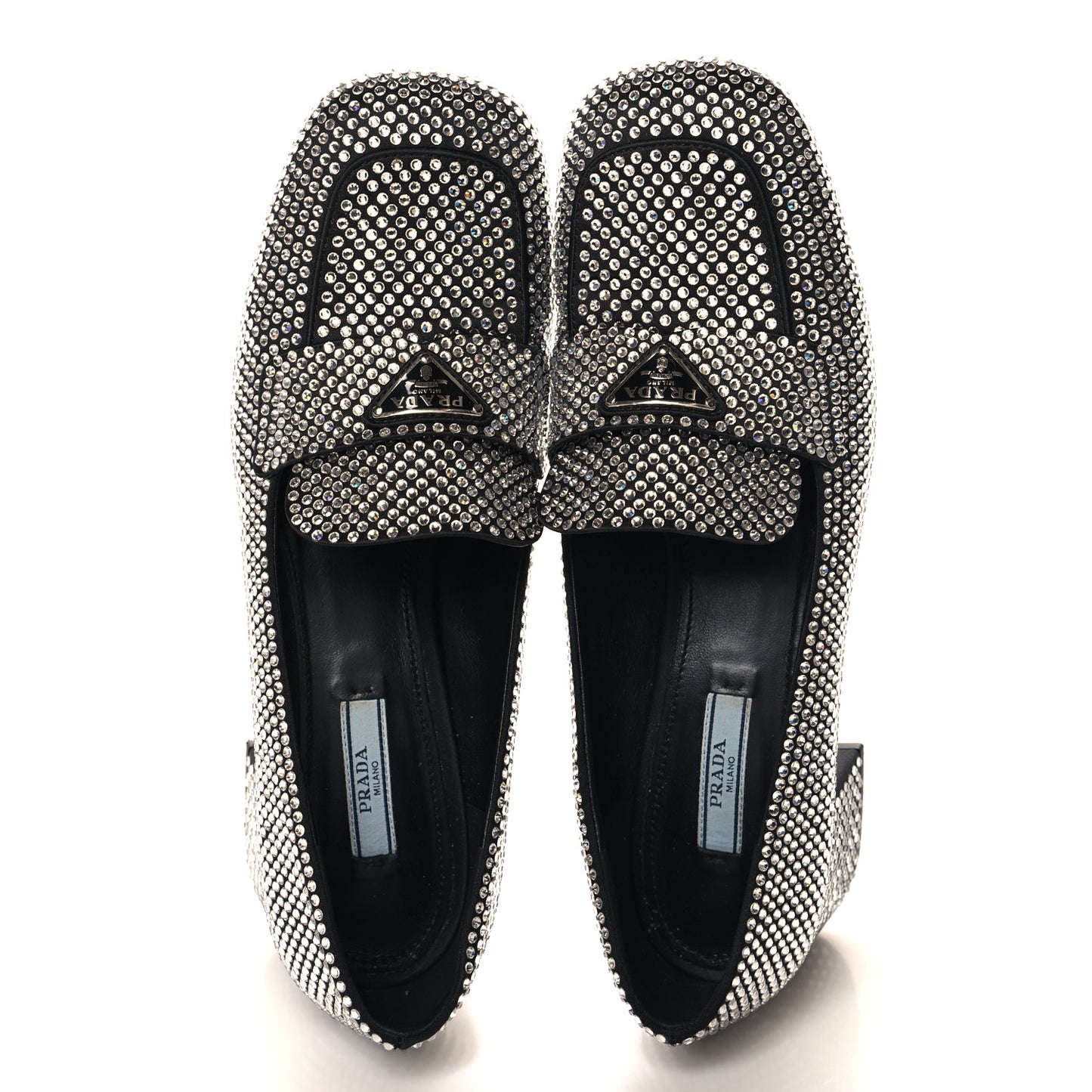 Satin Crystal Metal Triangle Logo 45mm Block Heel Loafers 40 Cristal