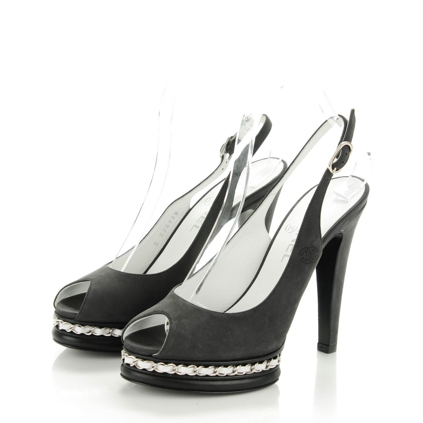 Suede Chain Peep Toe Slingback Pumps 38 Black