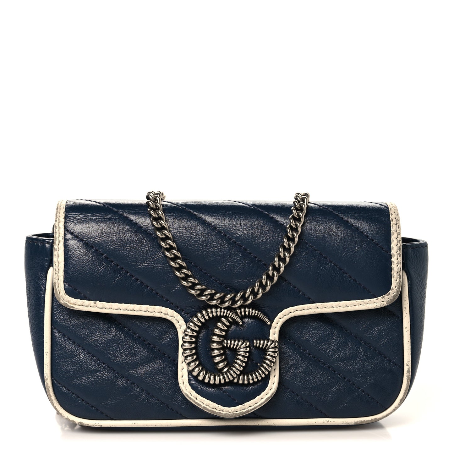 Vintage Effect Calfskin Matelasse Diagonal Super Mini Torchon GG Marmont Shoulder Bag Blue Agata Mystic White