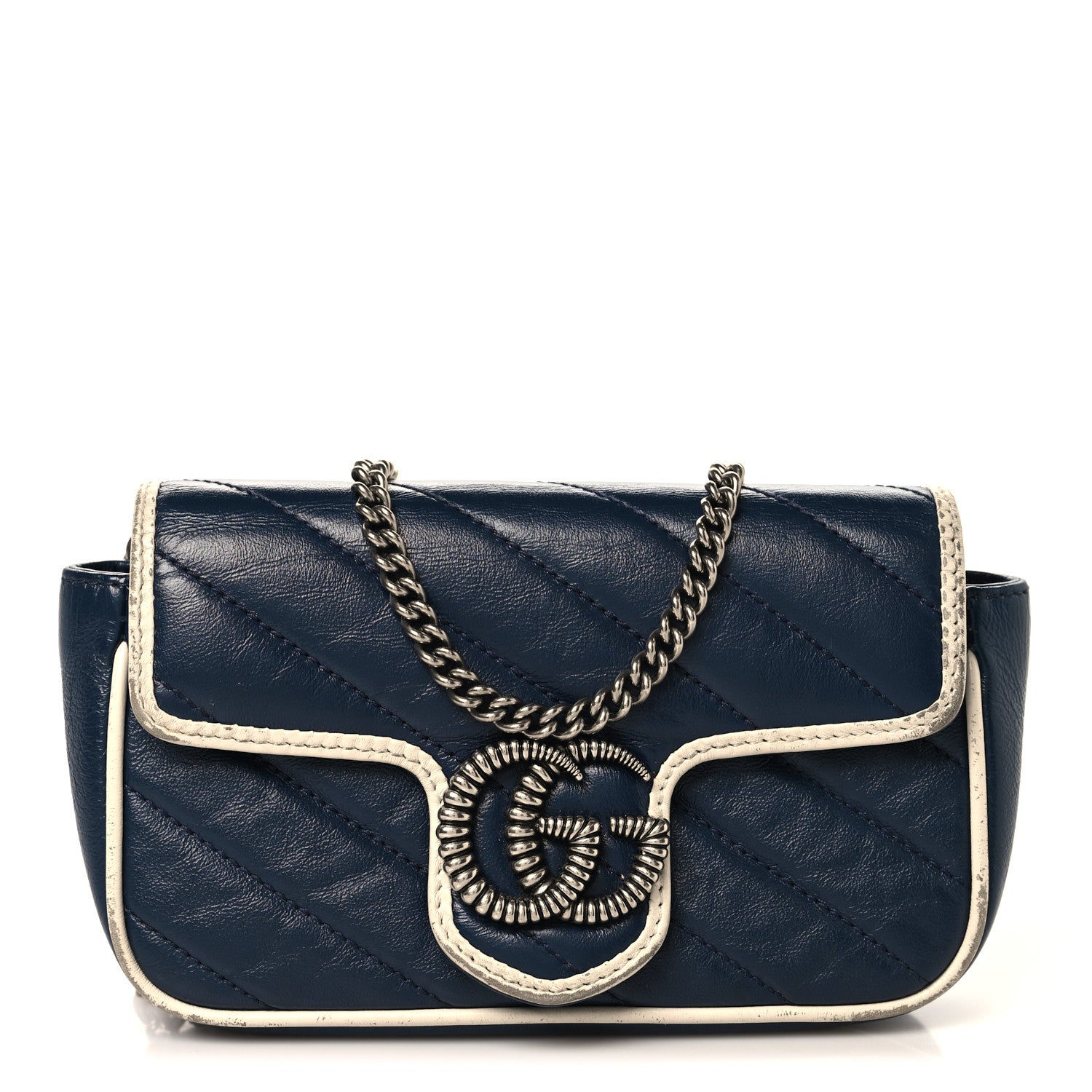 Gucci Vintage Effect Calfskin Matelasse Diagonal Super Mini Torchon GG Marmont Shoulder Bag Blue Agata Mystic White 1 of 11