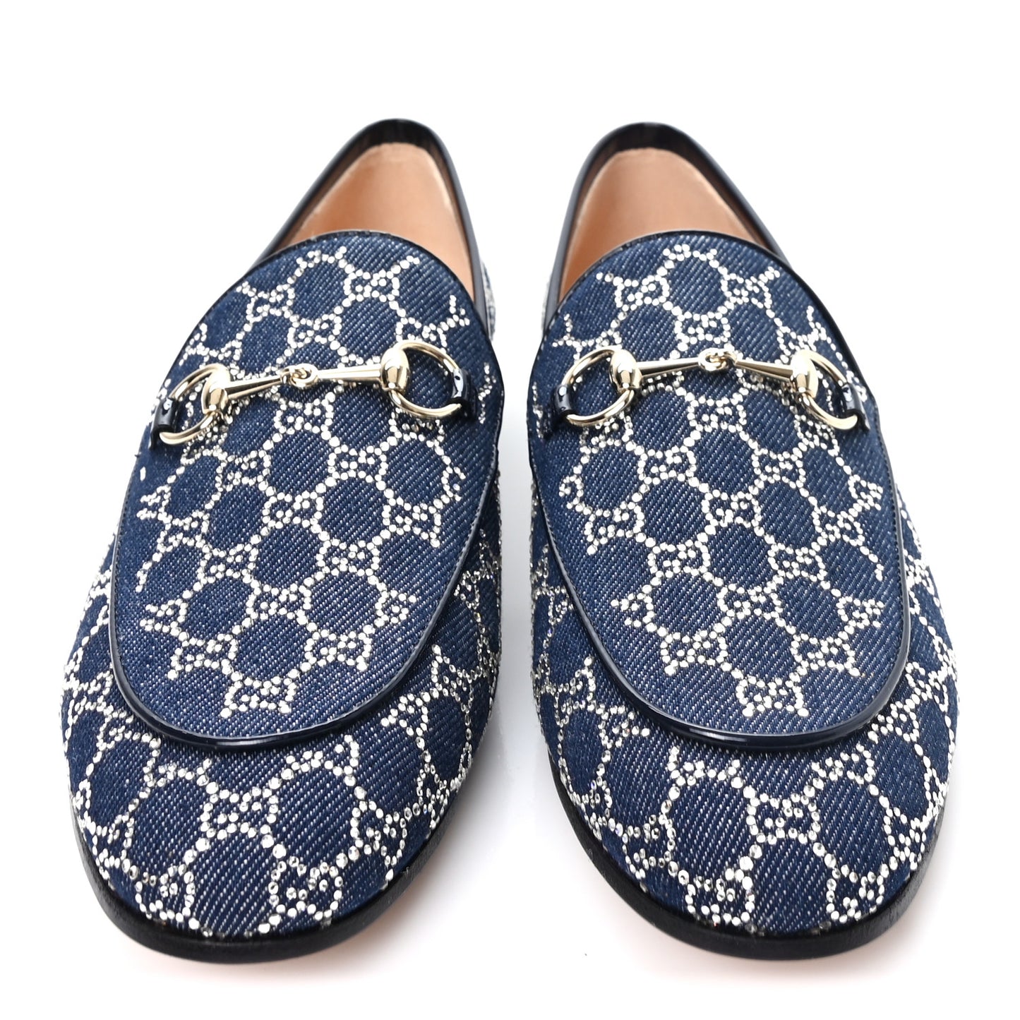 Denim Crystal GG Monogram Horsebit Womens Jordaan Loafers 38 Deep Blue Blue Milad